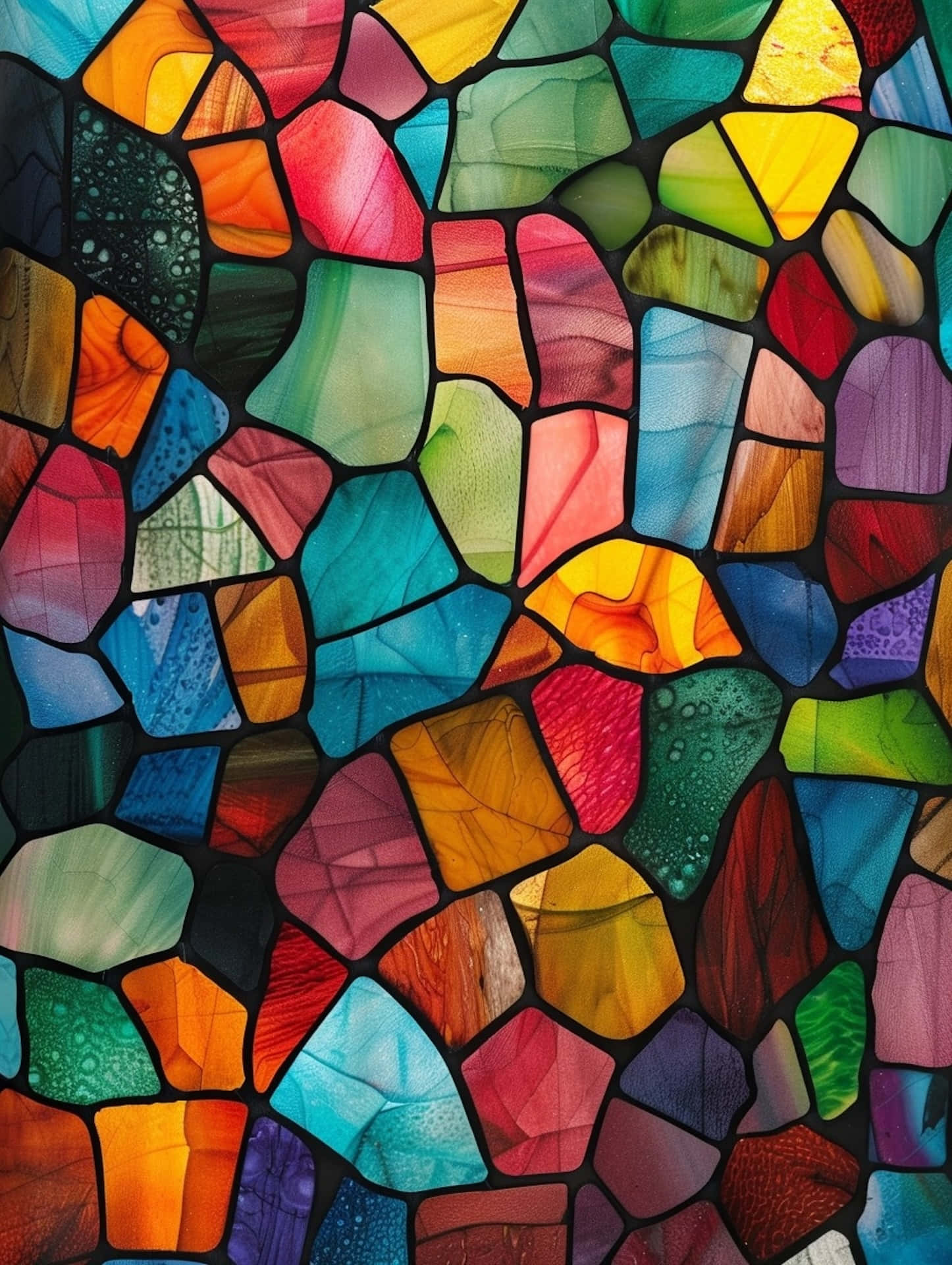 colorful stained glass patchwork, vibrant stained glass fragments, bold hues of red orange blue and green, Full HD Phone Wallpaper