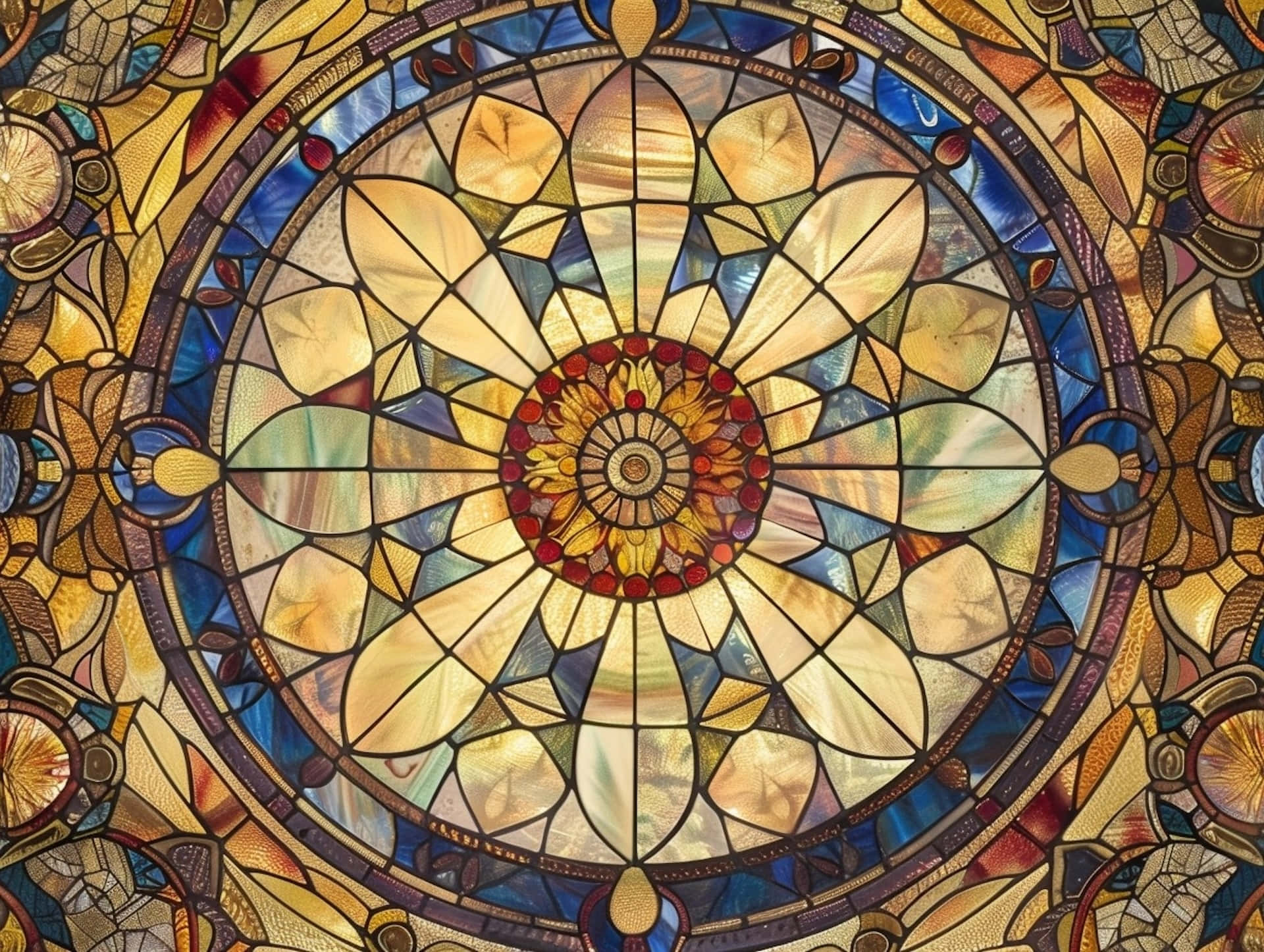 radiant stained glass window, sunflower design, golden petals, Full HD Desktop Wallpaper