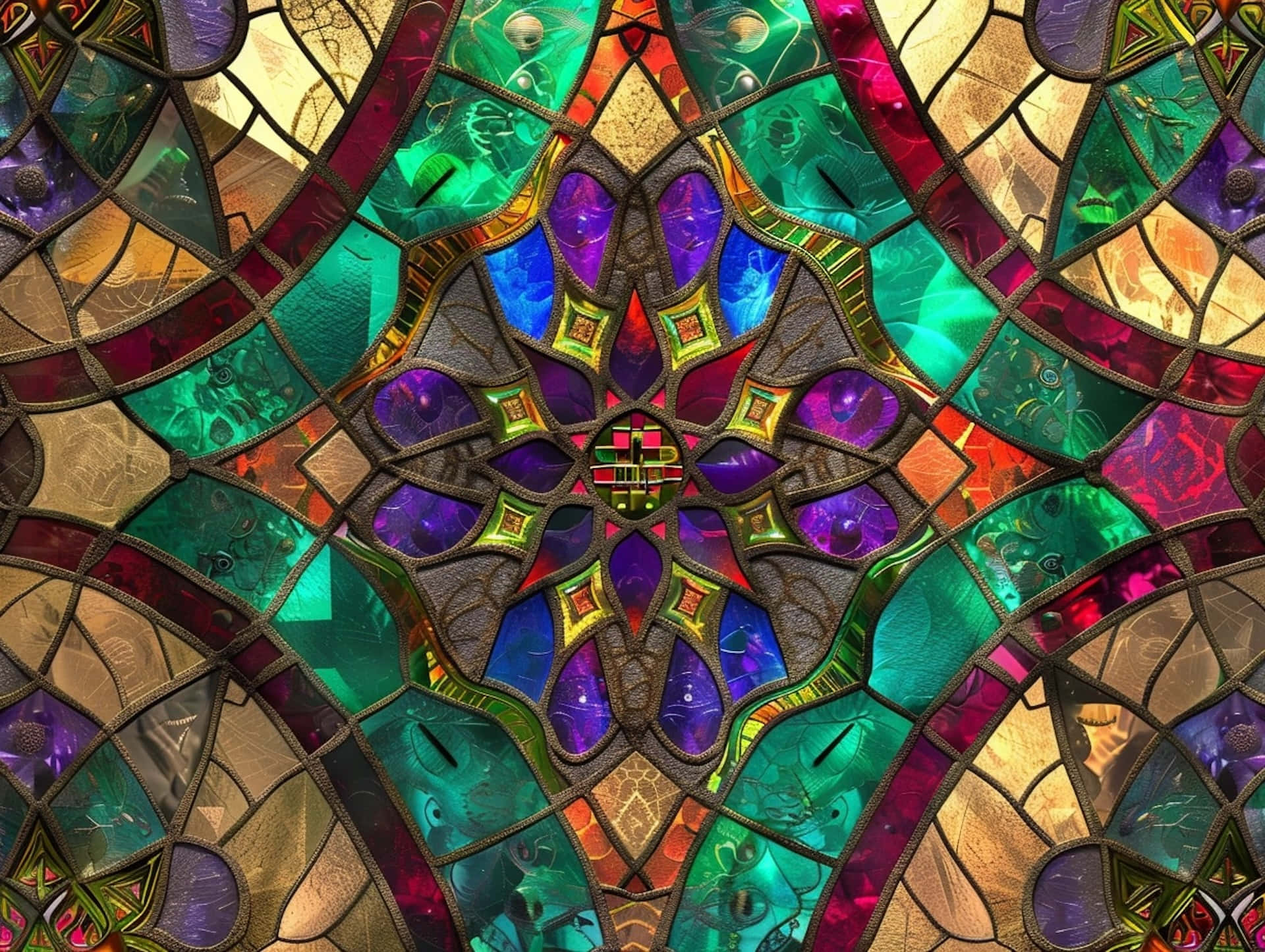 Radiant Kaleidoscope Stained Glass, kaleidoscopic stained glass window, vibrant geometric patterns, Full HD Desktop Wallpaper