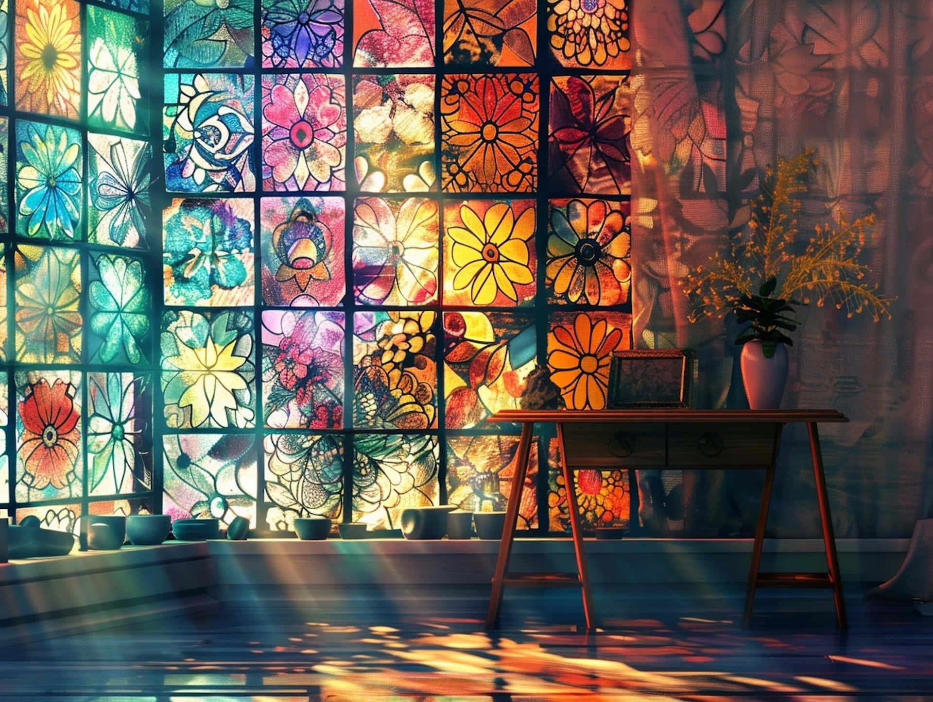 stained glass window, floral motifs, butterfly motifs, Full HD Desktop Wallpaper