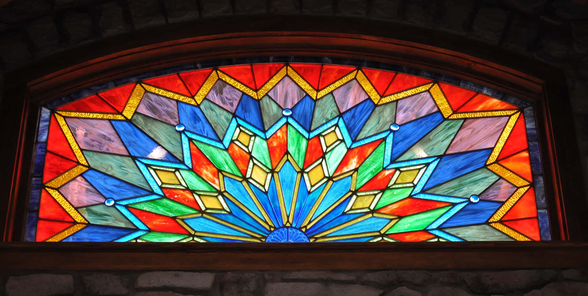 vibrant stained glass window, geometric patterns, central point, Full HD Desktop Wallpaper