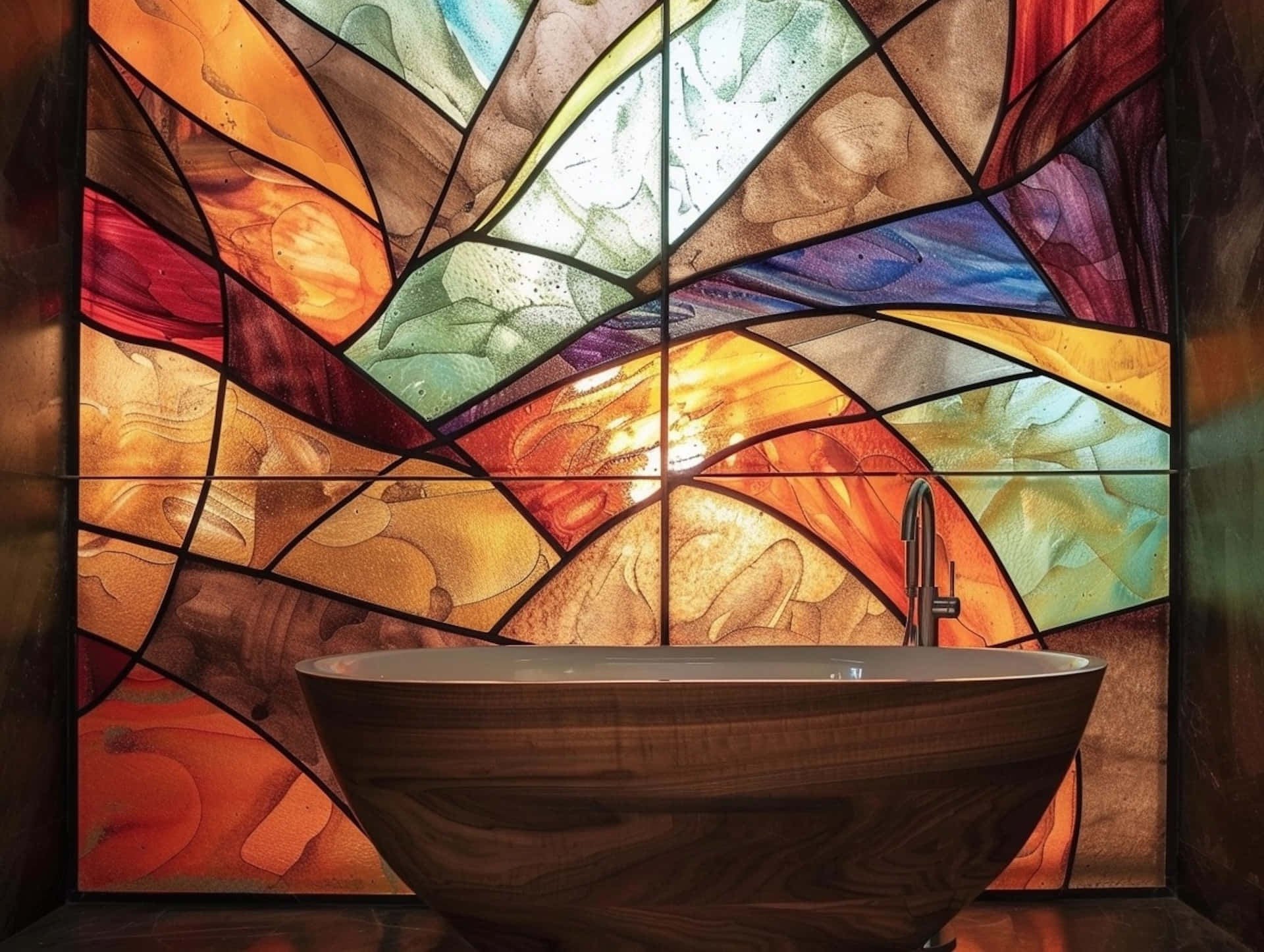 stained glass, bathroom window, wooden freestanding bathtub, Full HD Desktop Wallpaper