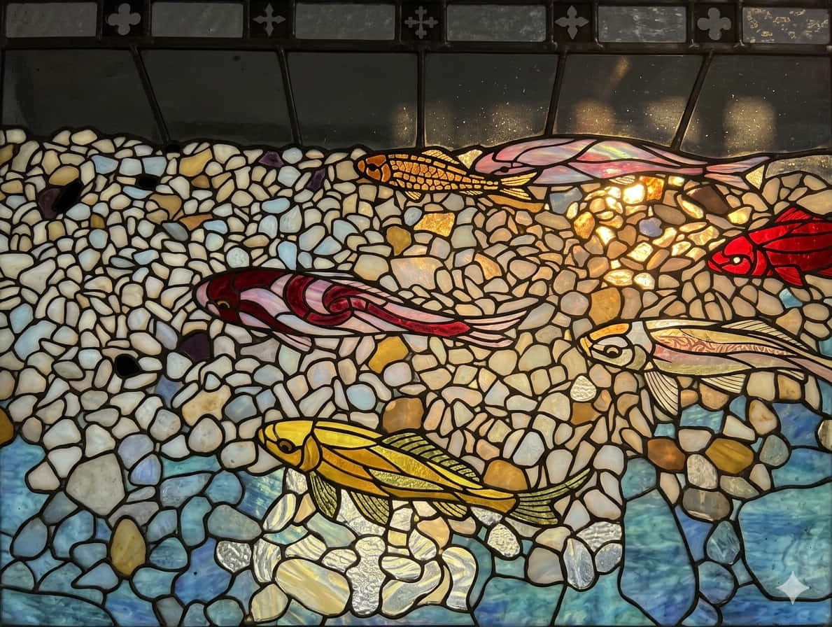 Stained Glass, colorful fish, pebbles, SD Desktop Wallpaper