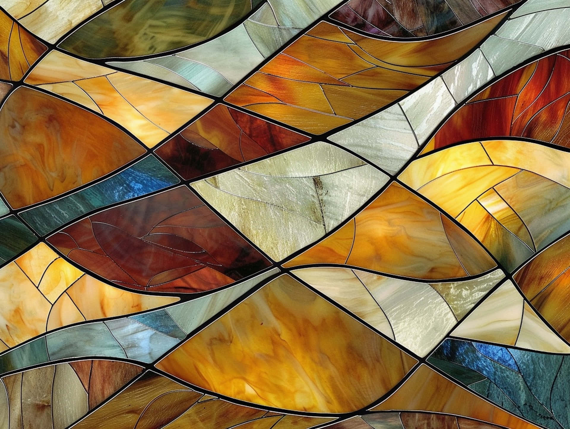 stained glass panel, amber gold, teal, Full HD Desktop Wallpaper
