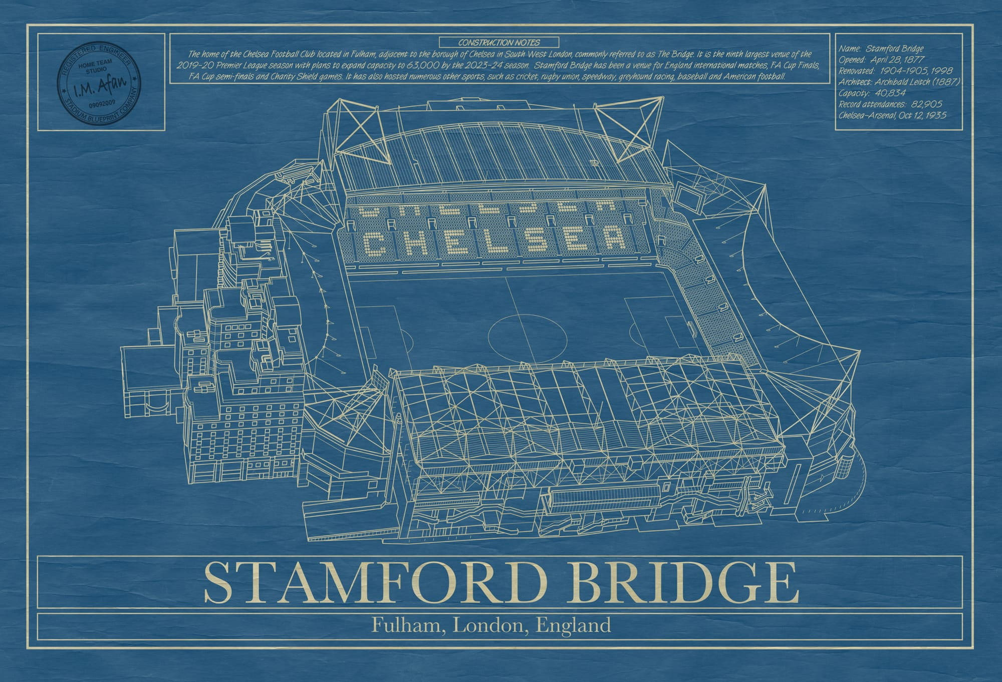 Stamford Bridge, Stamford Bridge Stadium, blueprint-style architectural drawing, Full HD Desktop Wallpaper