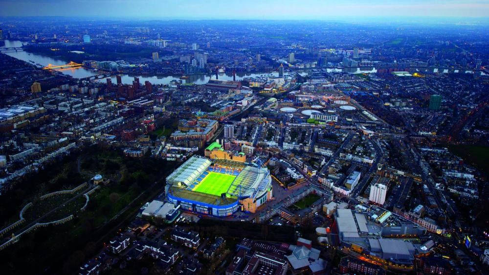Stamford Bridge, glowing green, aerial view, SD Desktop Wallpaper