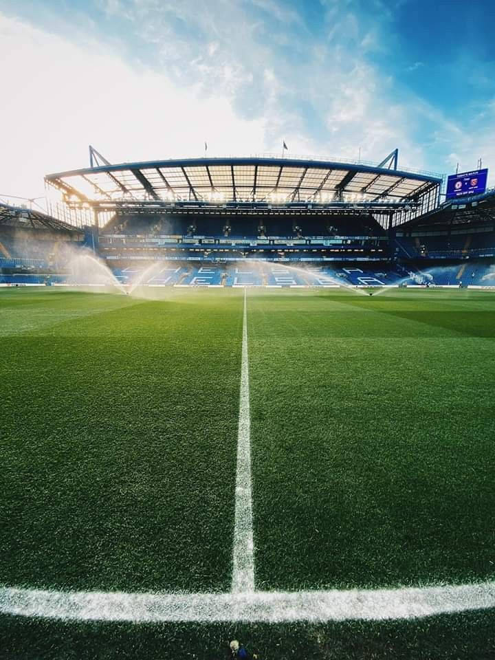 Stamford Bridge, vibrant green grass, sprinklers, SD Phone Wallpaper