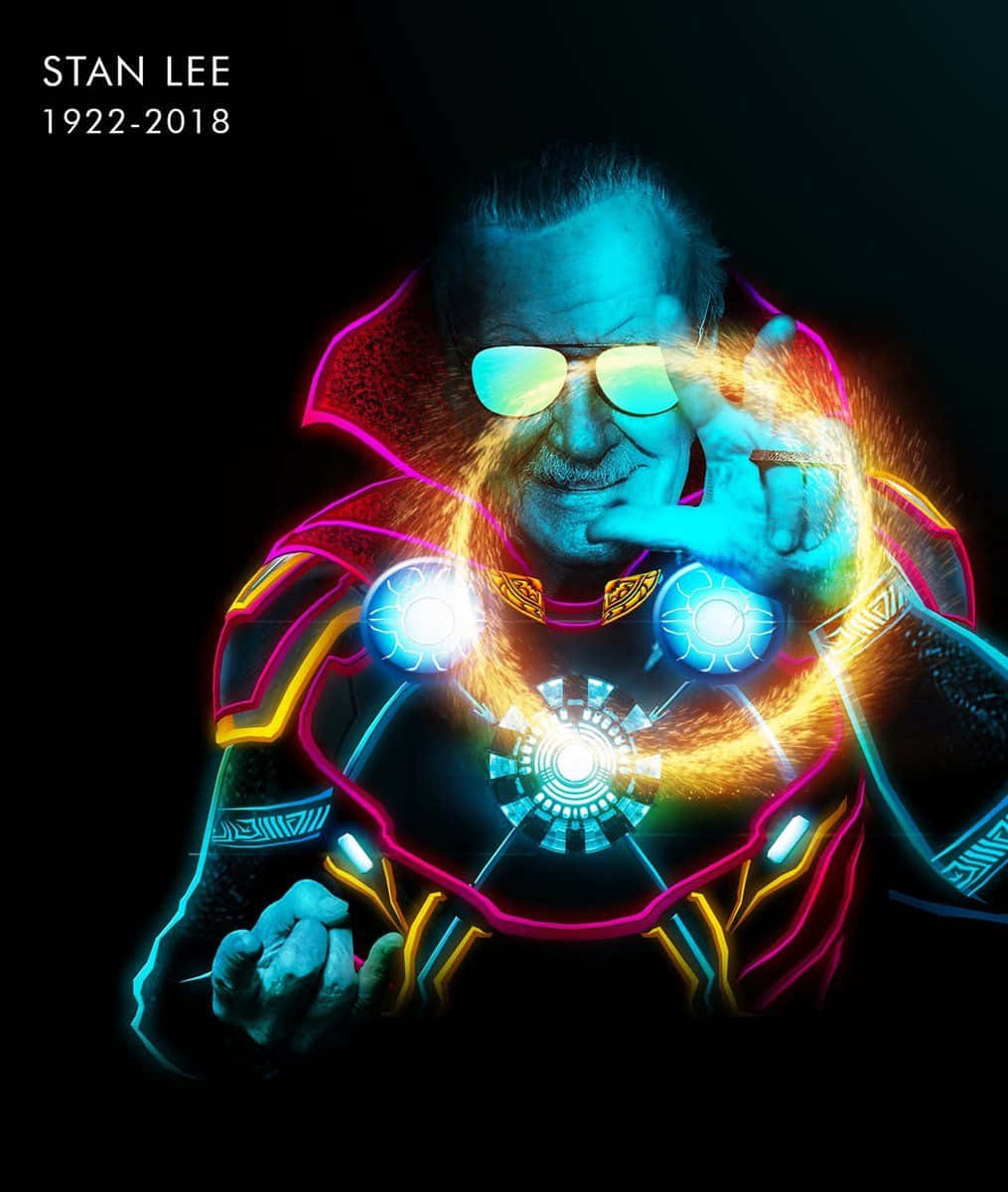 Stan Lee, glowing superhero armor, neon outlines, SD Phone Wallpaper
