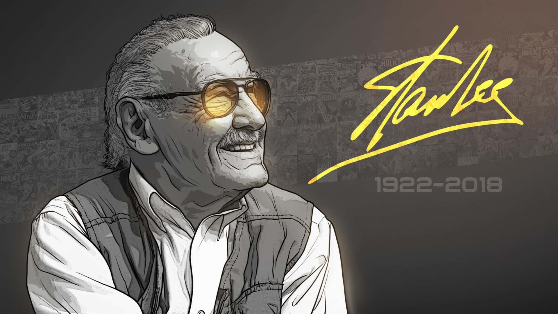 Stan Lee, sunglasses, comic book panels, Full HD Desktop Wallpaper