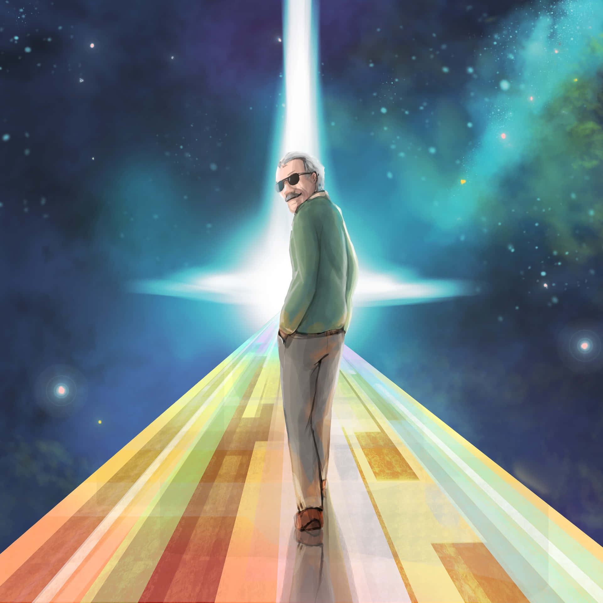 Stan Lee, rainbow-colored path, bright cosmic beam, Full HD Desktop Wallpaper