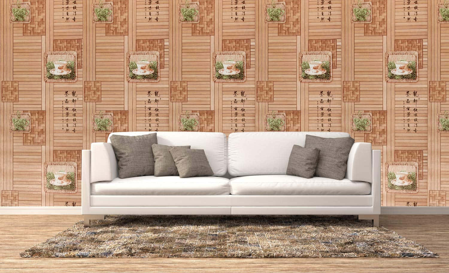 white sofa, gray pillows, textured rug, HD Desktop Wallpaper