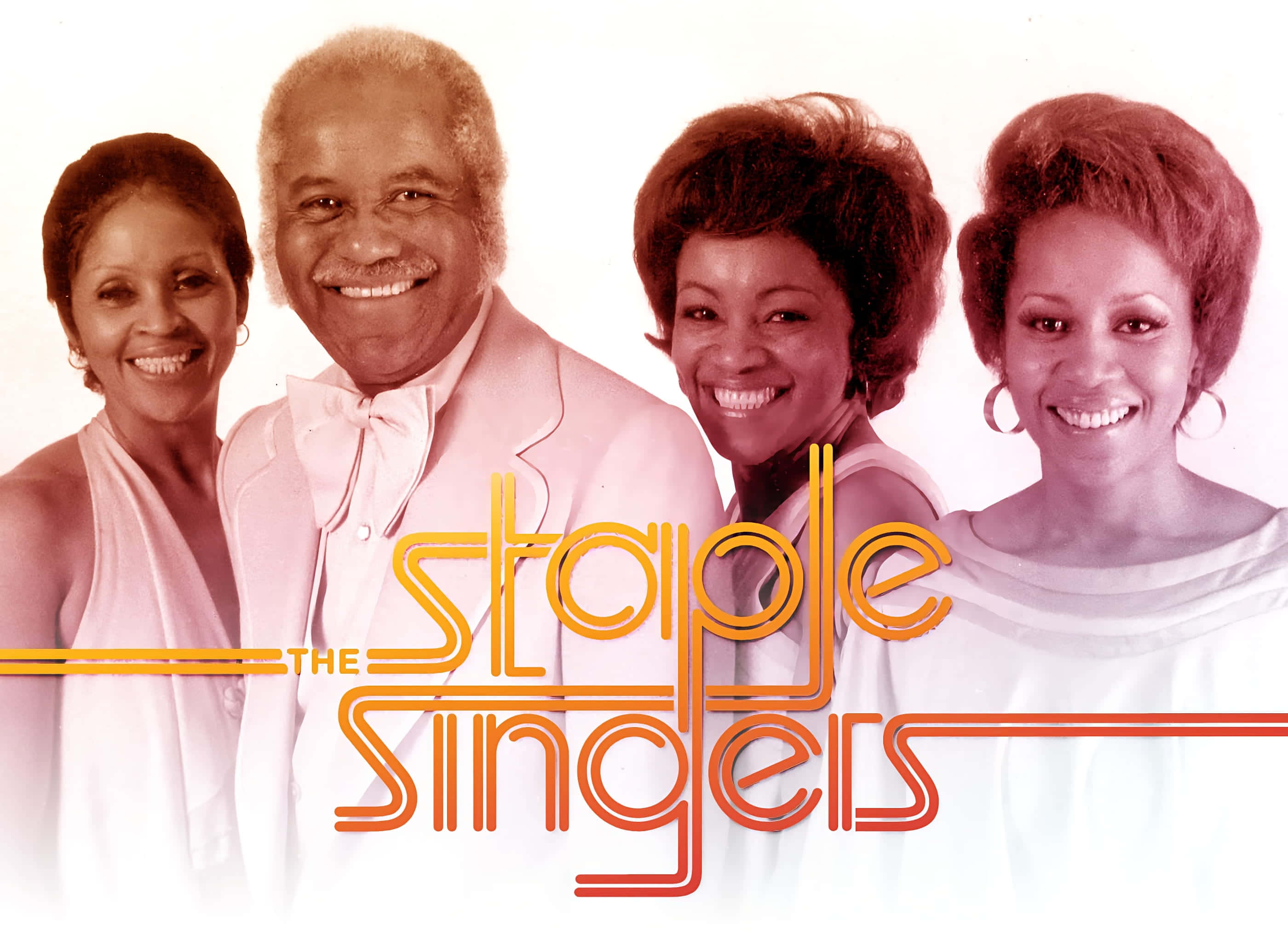 The Staple Singers, vintage pink and white attire, bright background, 2K Desktop Wallpaper