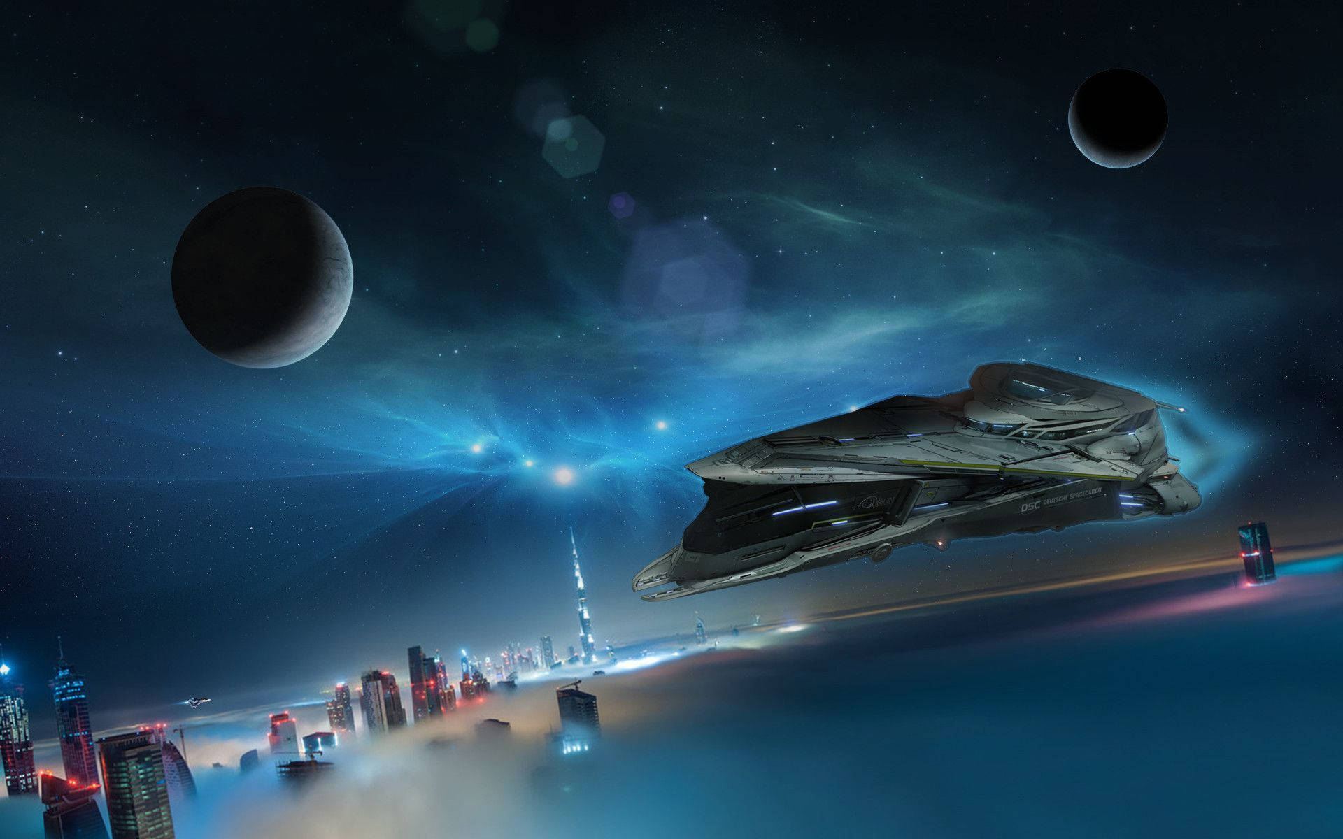 Star Citizen, neon cityscape, starry sky, Full HD Desktop Wallpaper