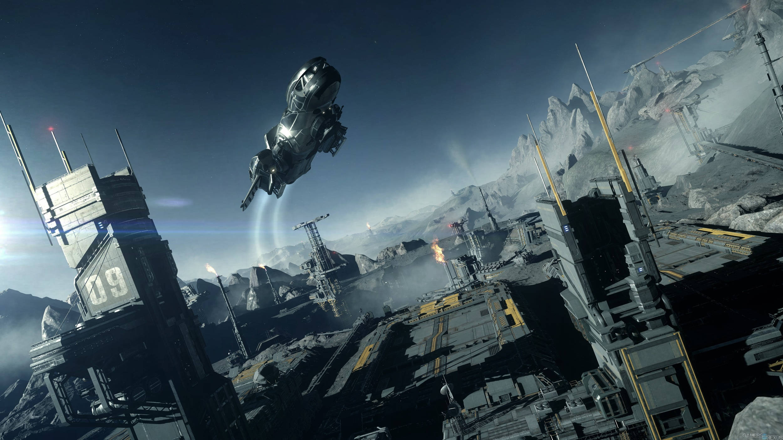 Star Citizen, futuristic spaceship, desolate industrial cityscape, Full HD Desktop Wallpaper
