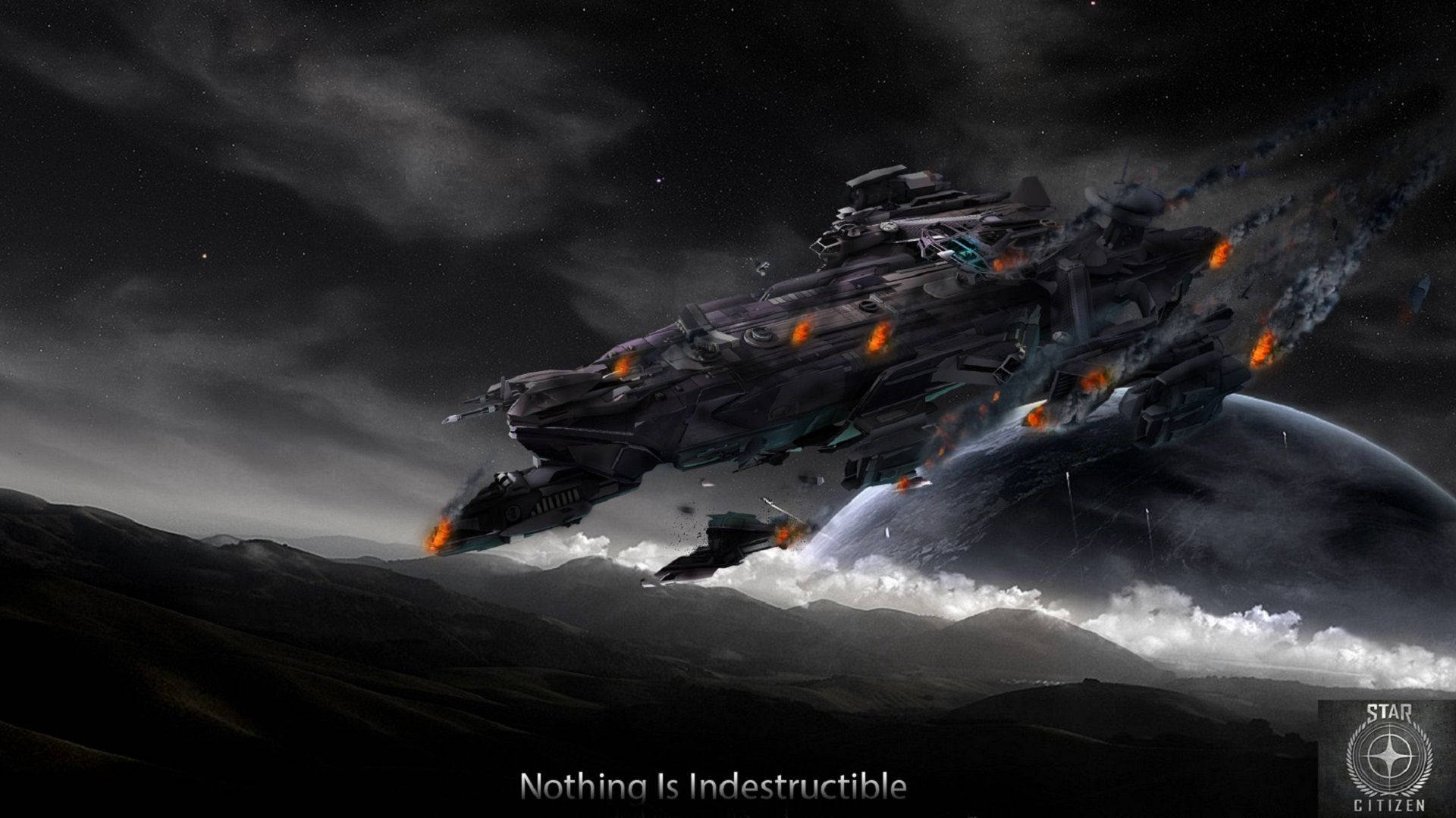 Star Citizen, indestructible quote, massive damaged spaceship, Full HD Desktop Wallpaper