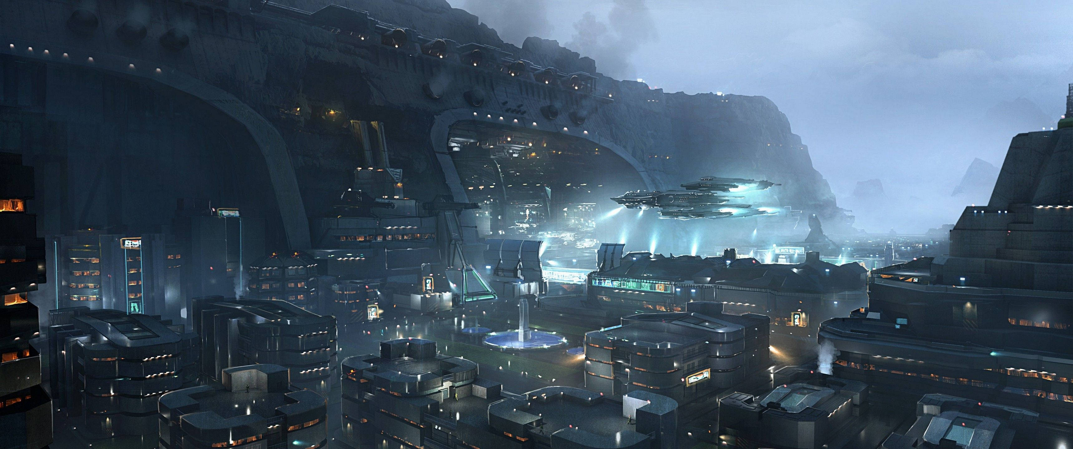 Star Citizen, futuristic city, misty canyon, 2K Desktop Wallpaper