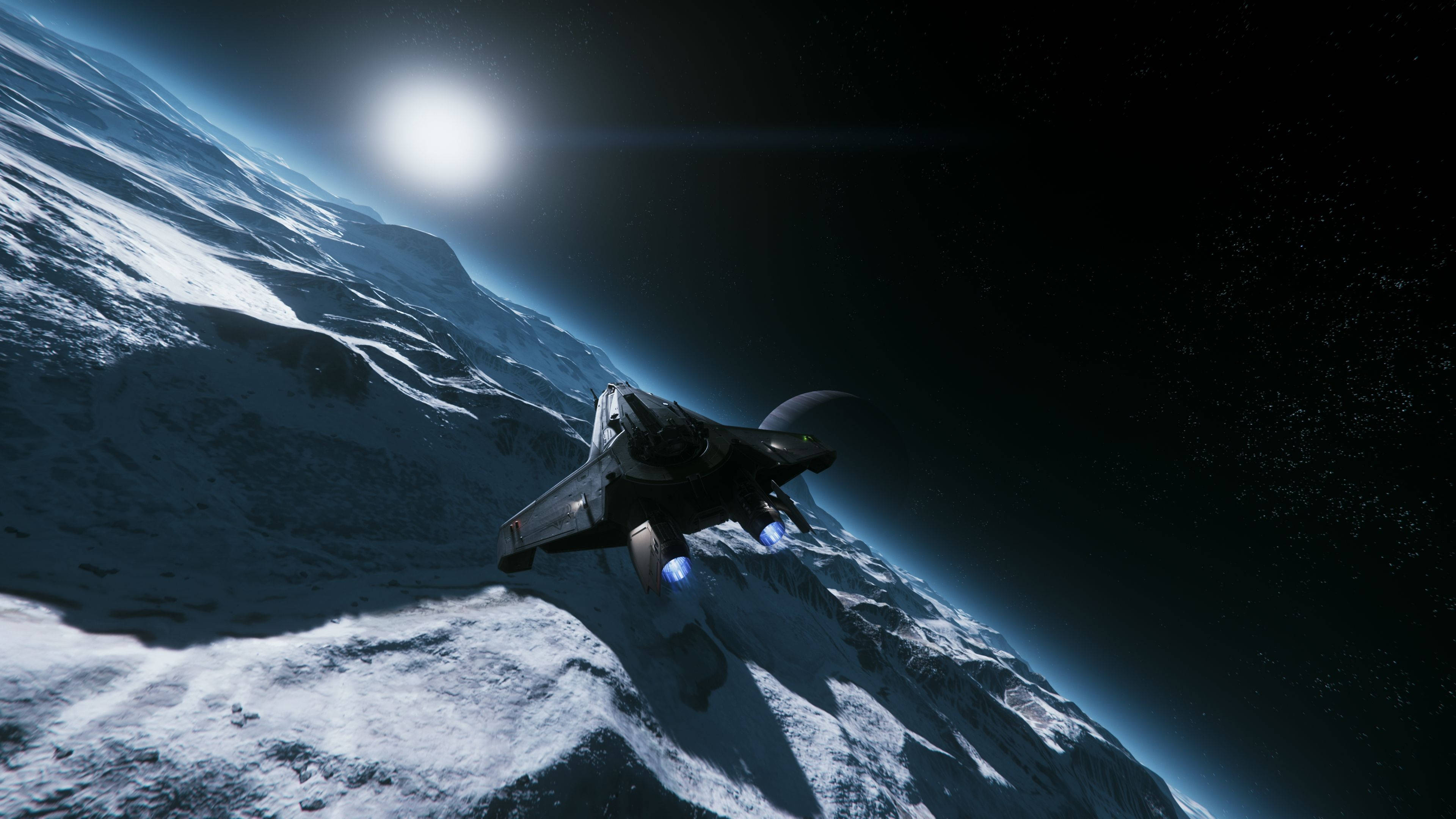 Star Citizen, futuristic fighter jet, snow-covered mountainous planet, 4K Desktop Wallpaper