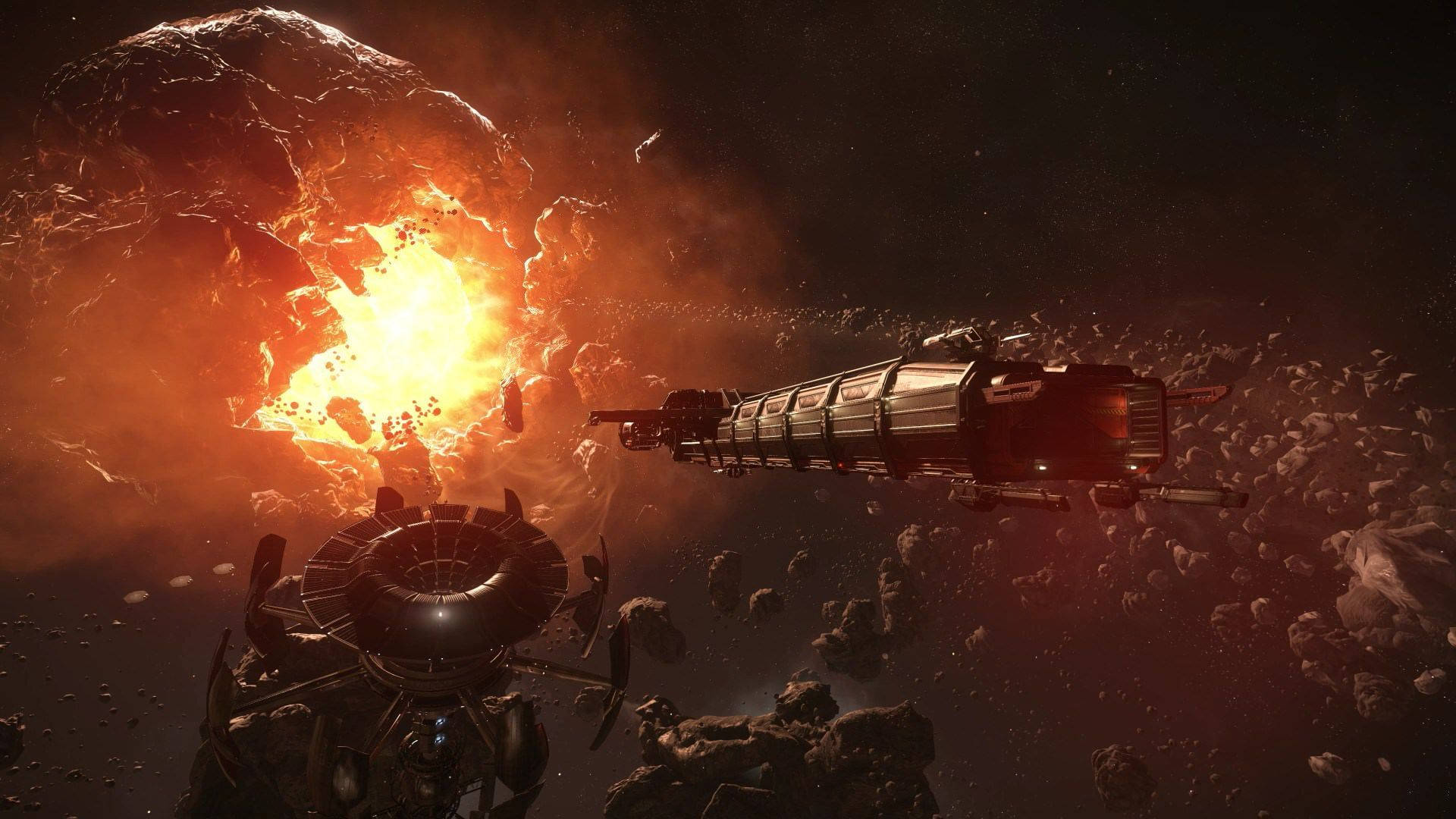 Star Citizen, 3D Caterpillar, fiery asteroid field, Full HD Desktop Wallpaper