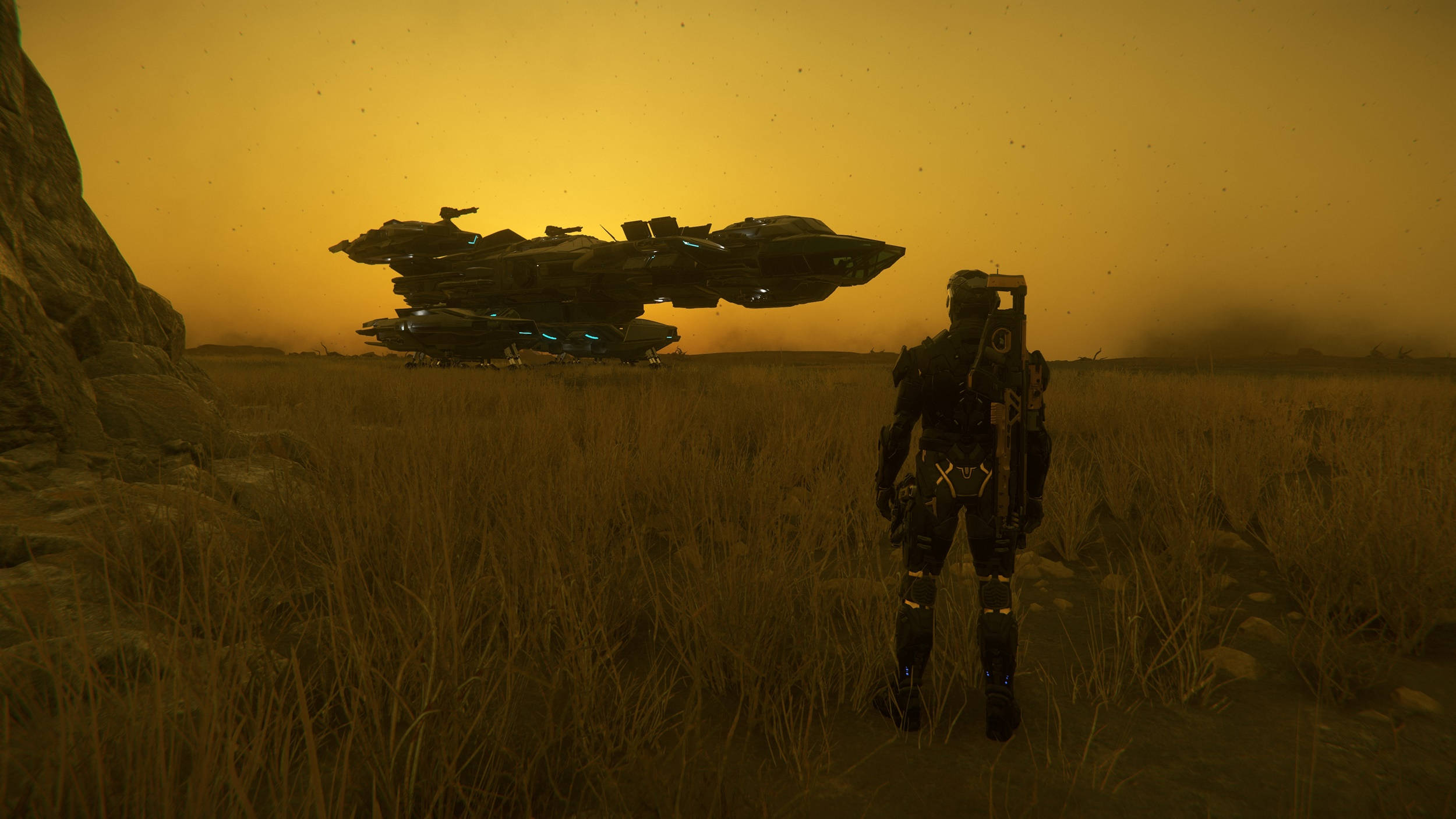 Star Citizen, armored figure, hovering futuristic spacecraft, Full HD Desktop Wallpaper