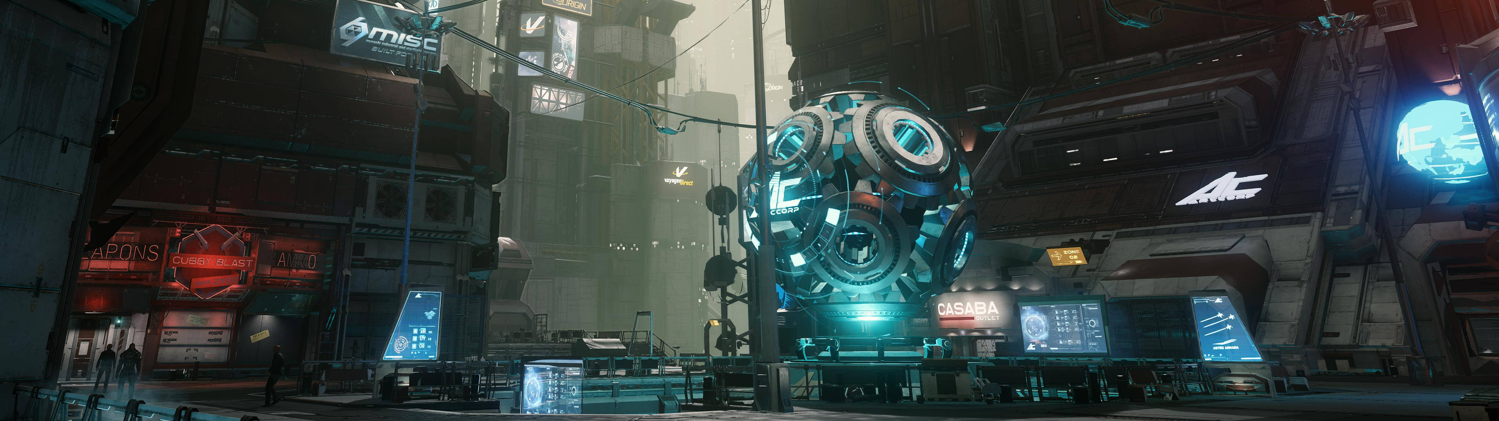Star Citizen, glowing blue spherical robot, rainy neon-lit cyberpunk city street, 5K Desktop Wallpaper