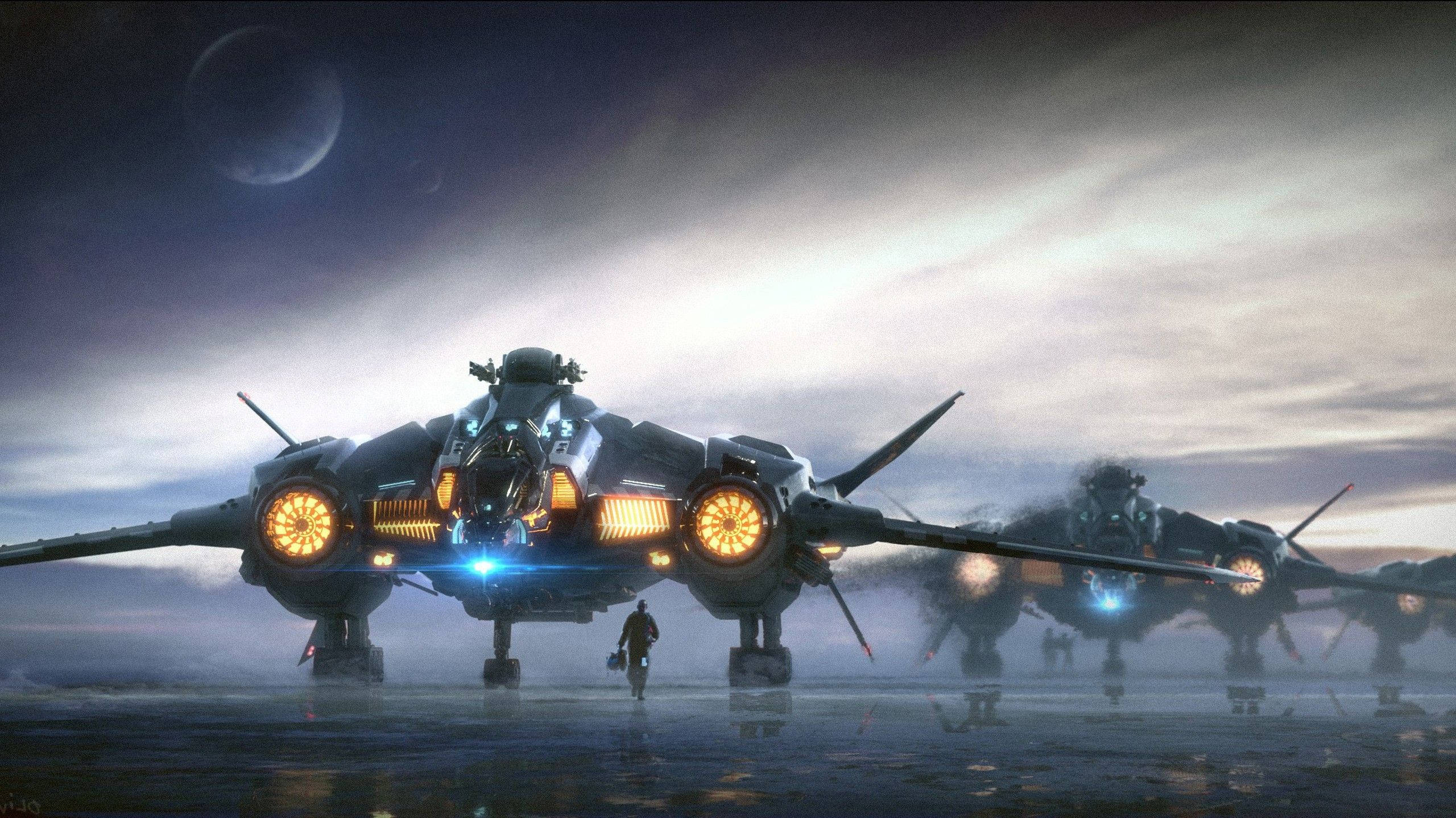 Star Citizen, futuristic fighter jets, wet alien runway, 2K Desktop Wallpaper