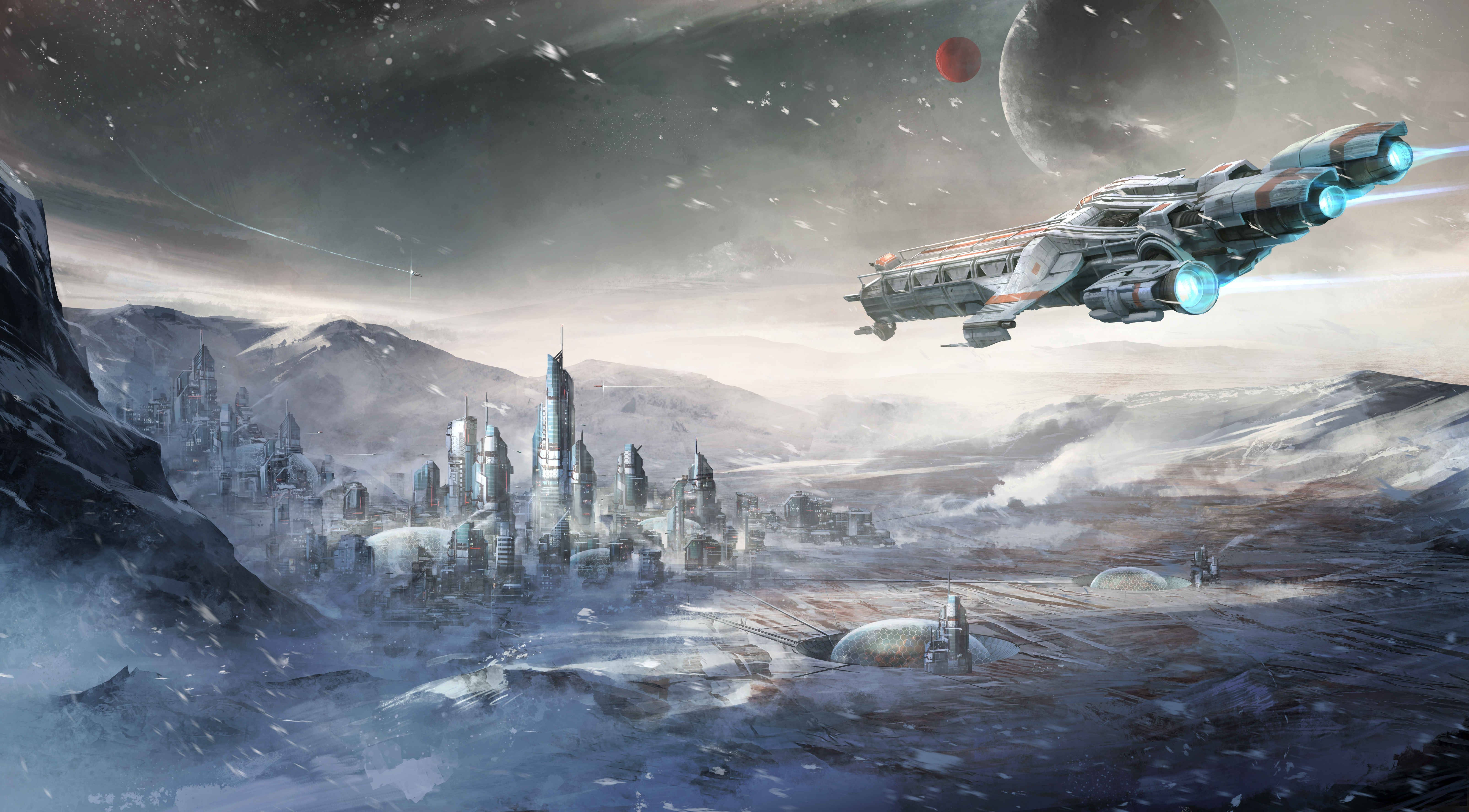 Star Citizen, futuristic spaceship, snow-covered alien city, 5K Desktop Wallpaper