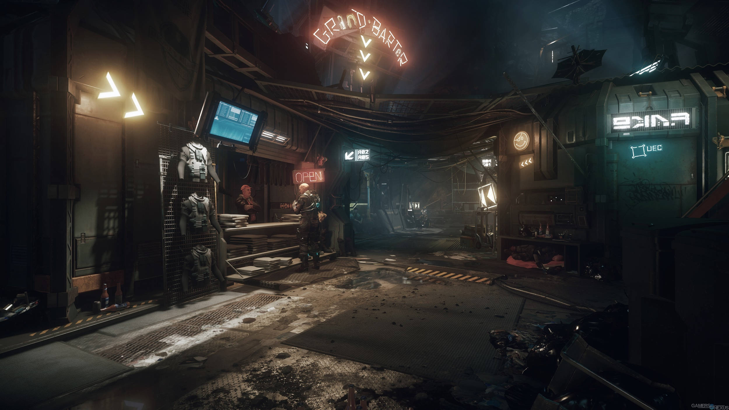Star Citizen 3.0, neon-lit cyberpunk bar, holographic signs, Full HD Desktop Wallpaper