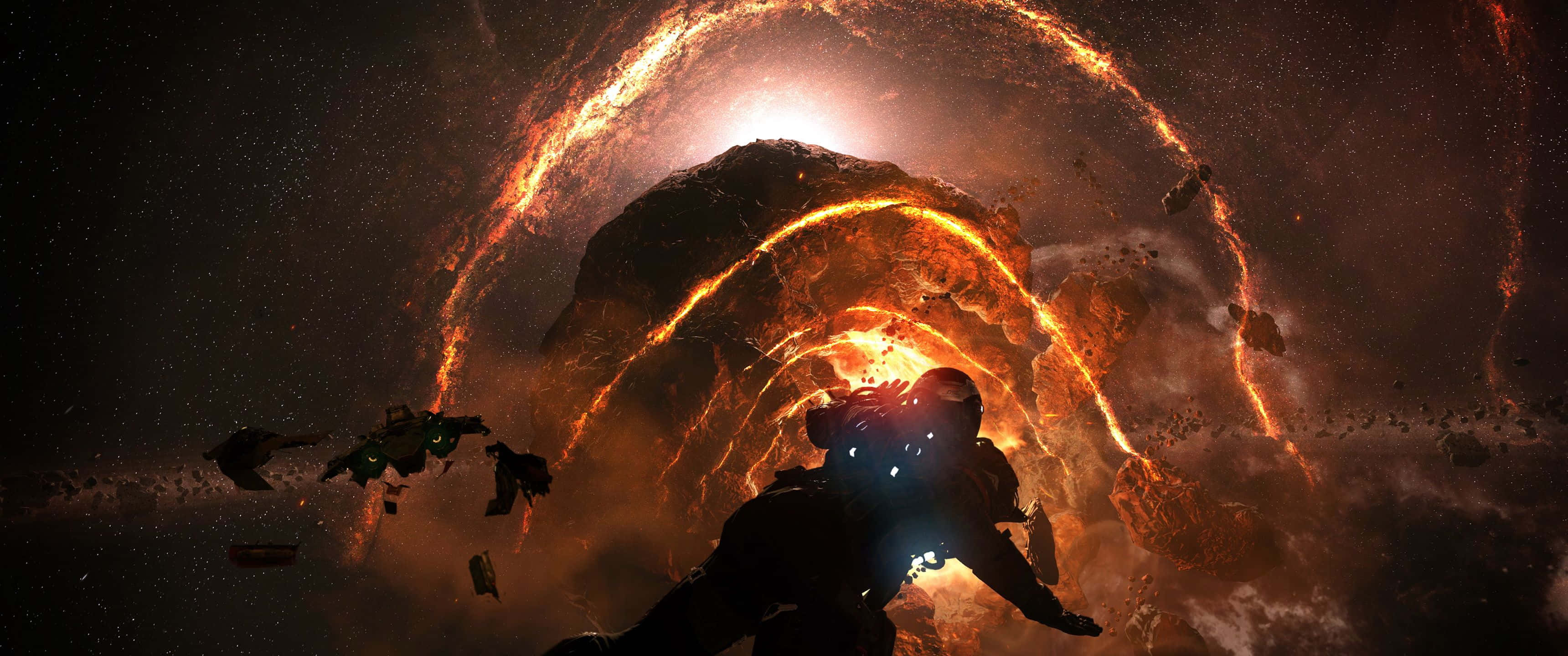 Star Citizen, fiery ringed planet, astronaut, 2K Desktop Wallpaper