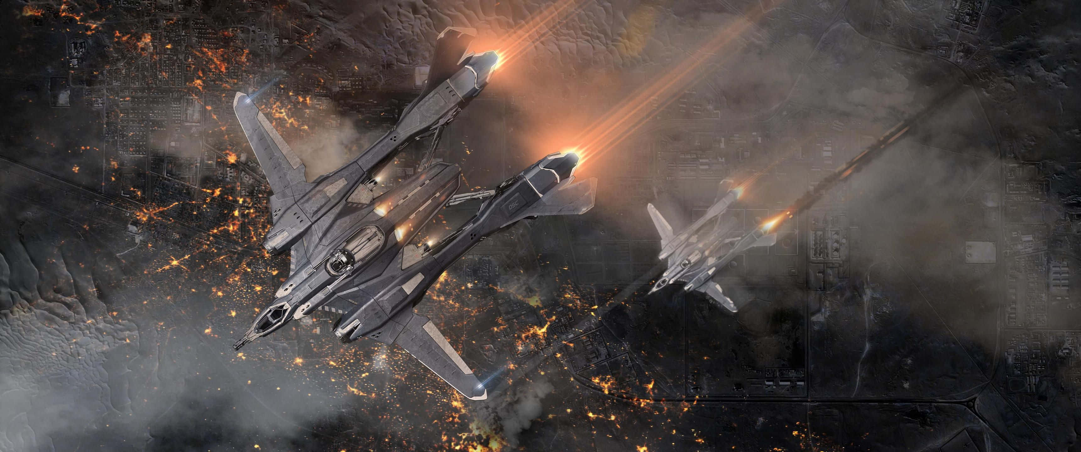 Star Citizen, fighter jets, burning cityscape, 2K Desktop Wallpaper