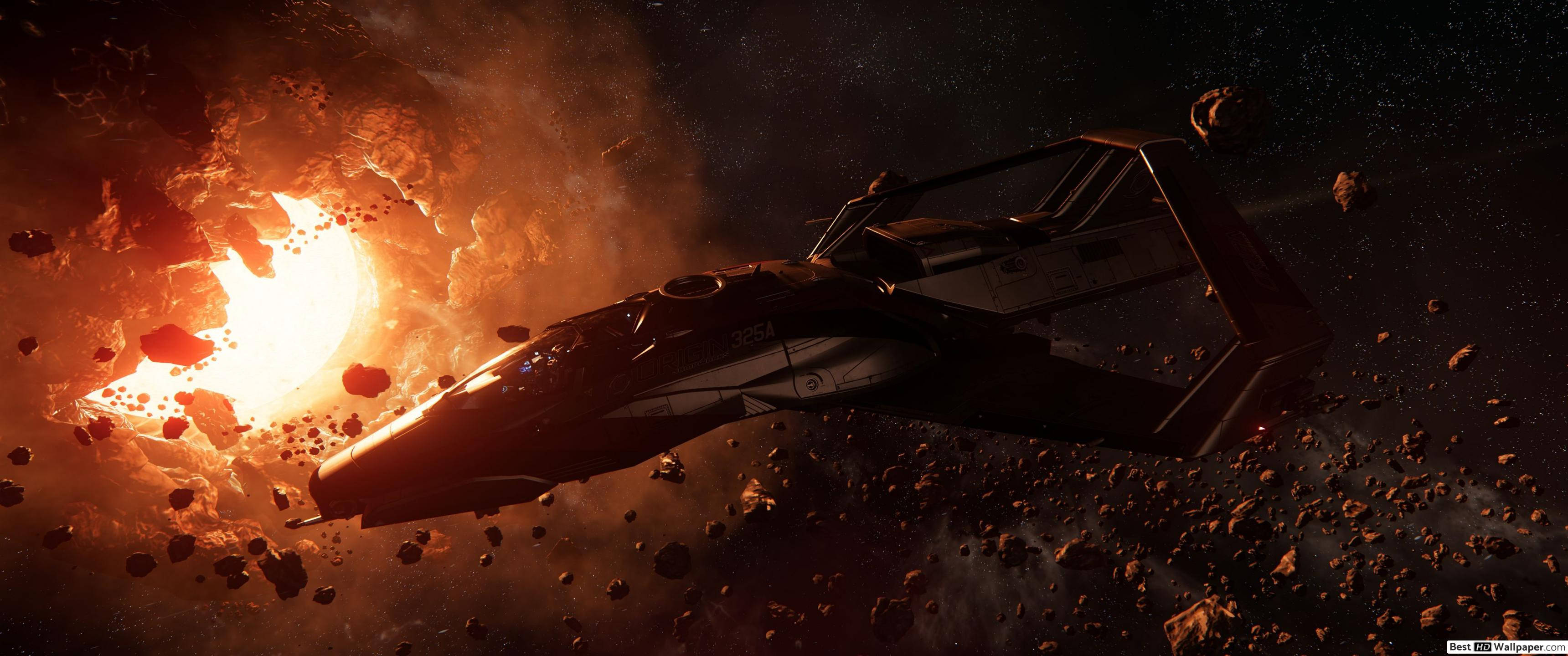 Star Citizen, spaceship 325a, fiery asteroid field, 2K Desktop Wallpaper