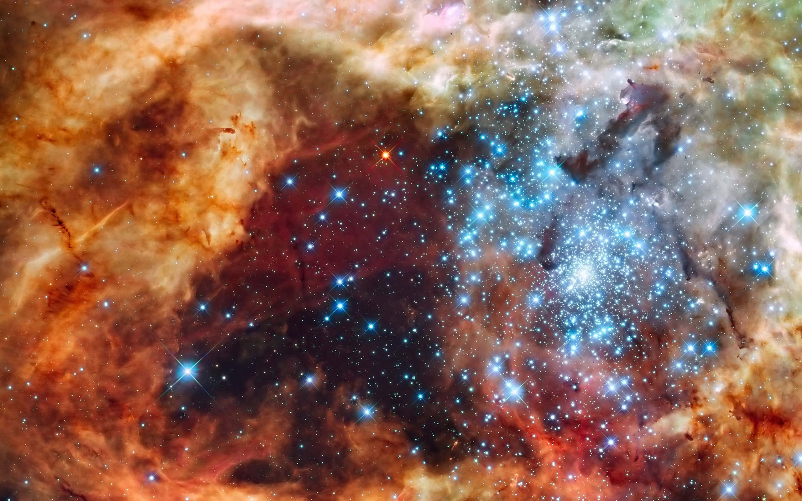 Star Cluster, cosmic nebula, glowing orange and blue gas clouds, 2K Desktop Wallpaper