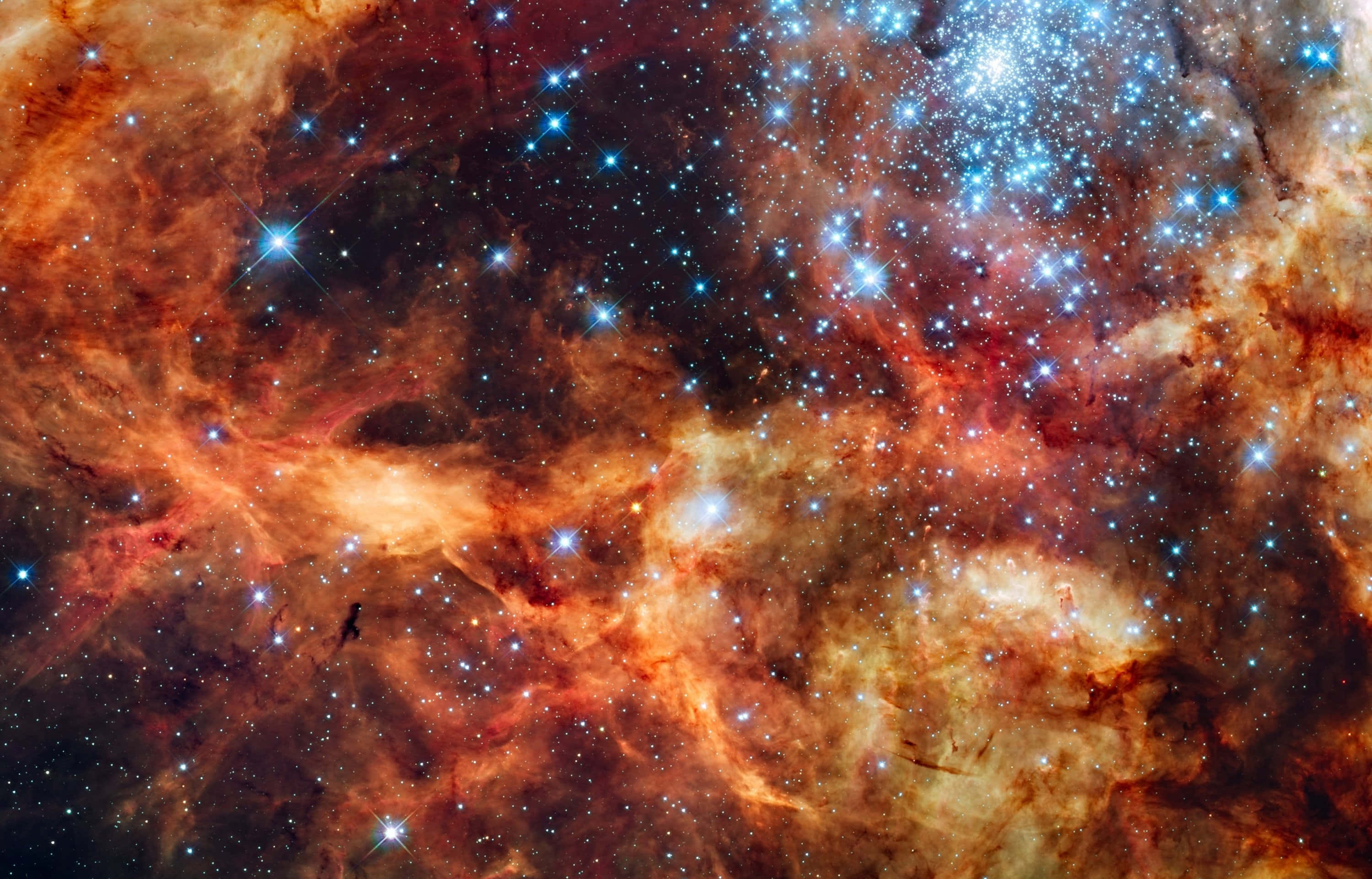 Star Cluster 3000, cosmic nebula, glowing orange and blue clouds, 2K Desktop Wallpaper