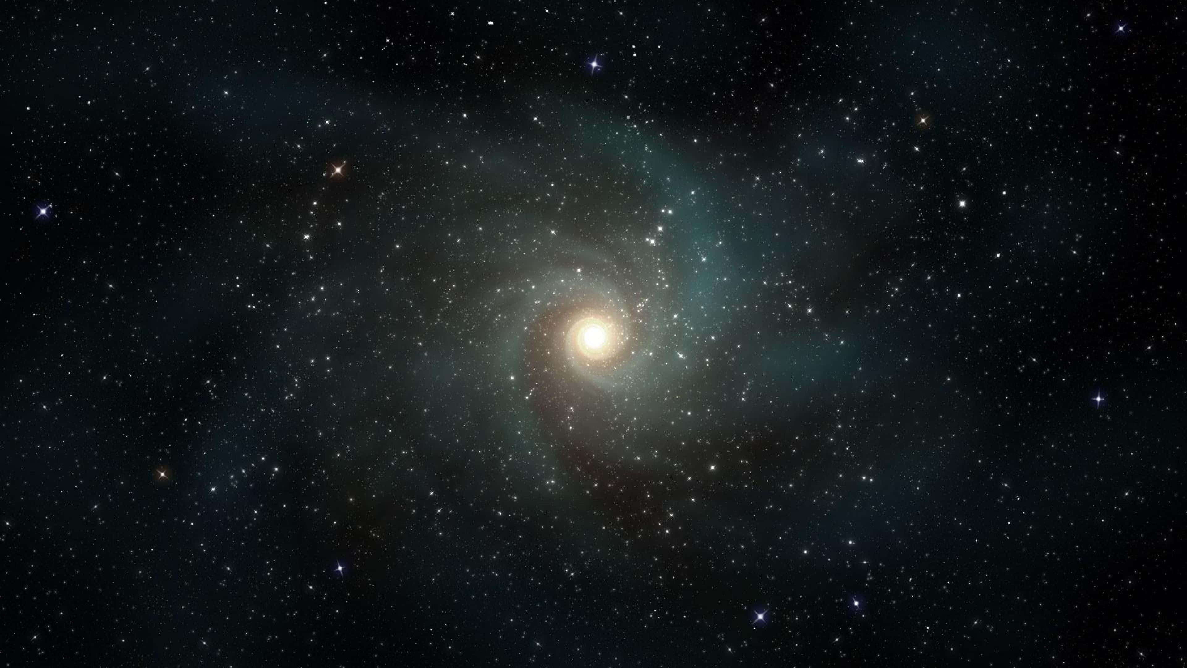 4K Star Spiraling Filaments, luminous spiral galaxy, swirling teal and gold arms, 4K Desktop Wallpaper