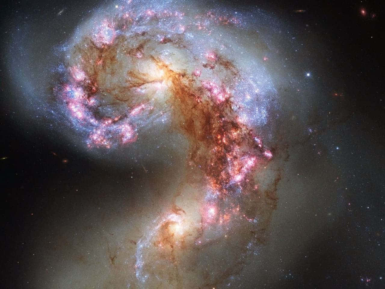 galactic collision, cosmic dust, pink blue and orange starburst clouds, HD Desktop Wallpaper