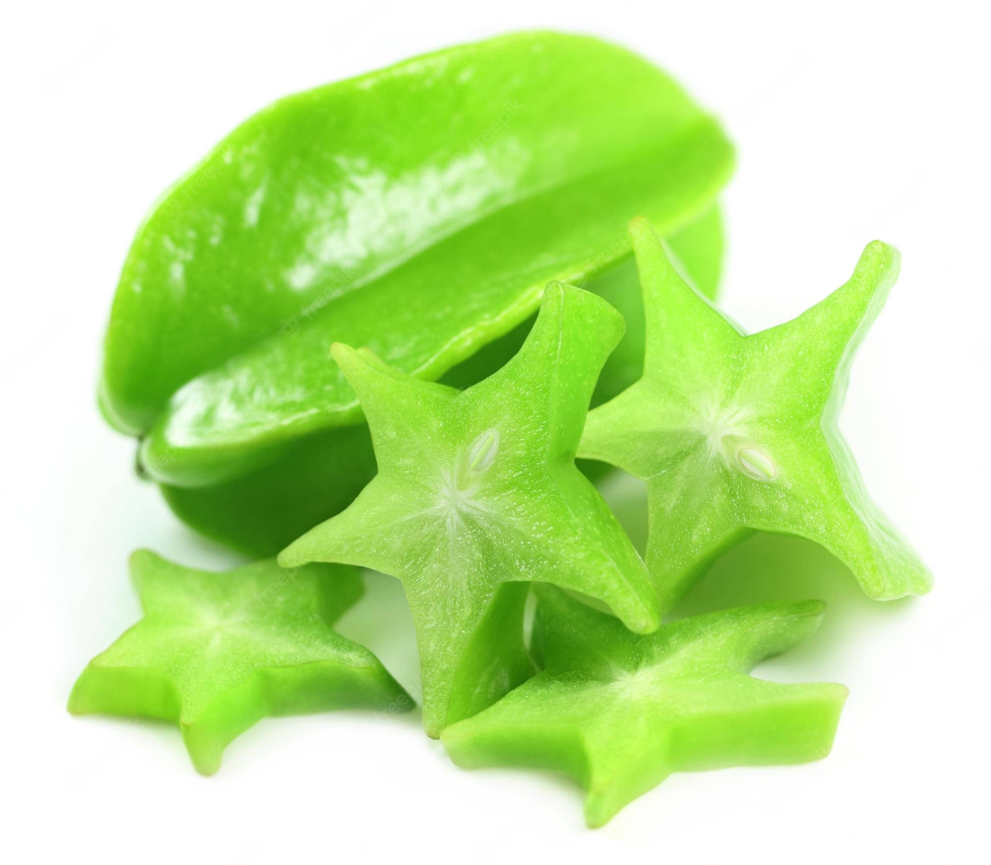 green sliced star fruit, star-shaped cross-section, clean white background, Full HD Desktop Wallpaper