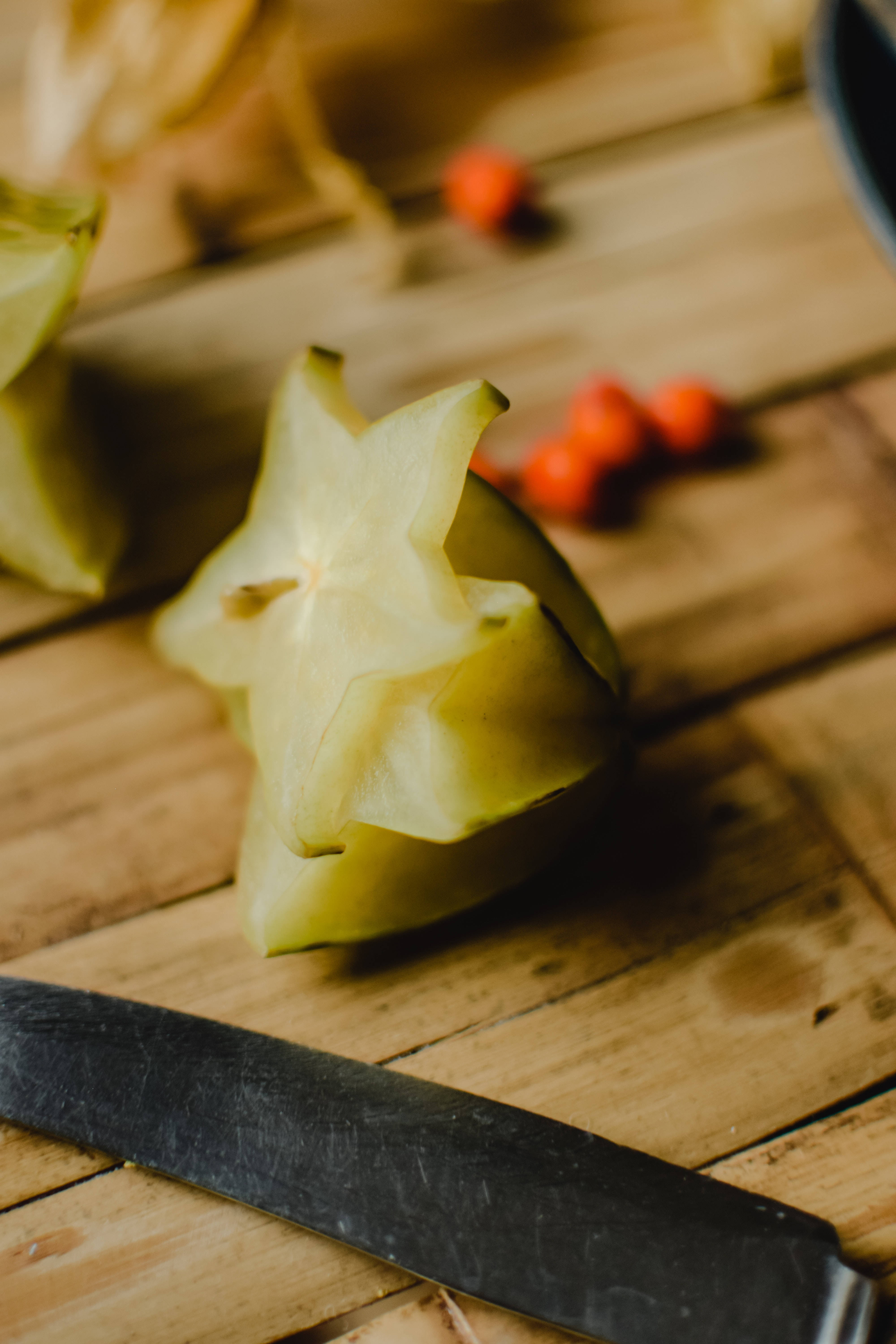 star fruit, bamboo table, rustic wooden table, 5K Phone Wallpaper