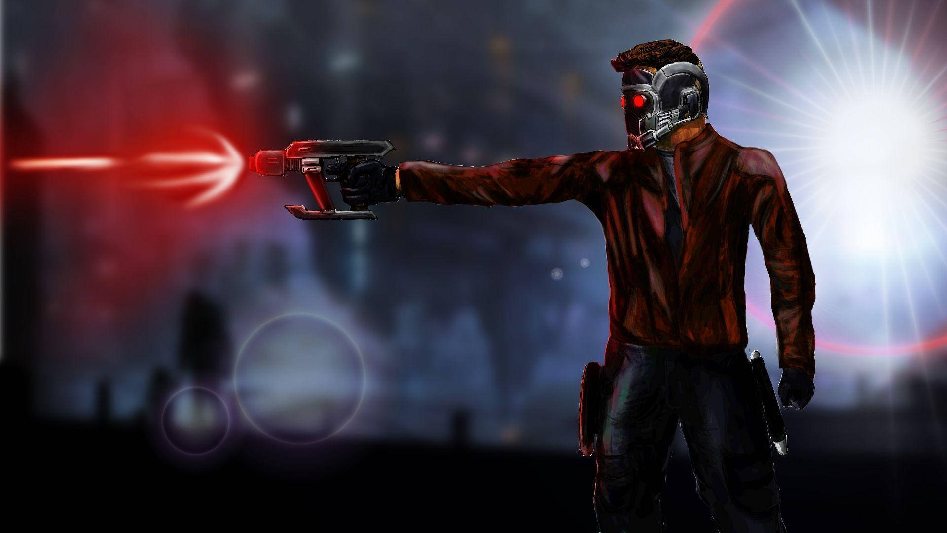 Star Lord, red jacket, glowing red energy weapon, Full HD Desktop Wallpaper