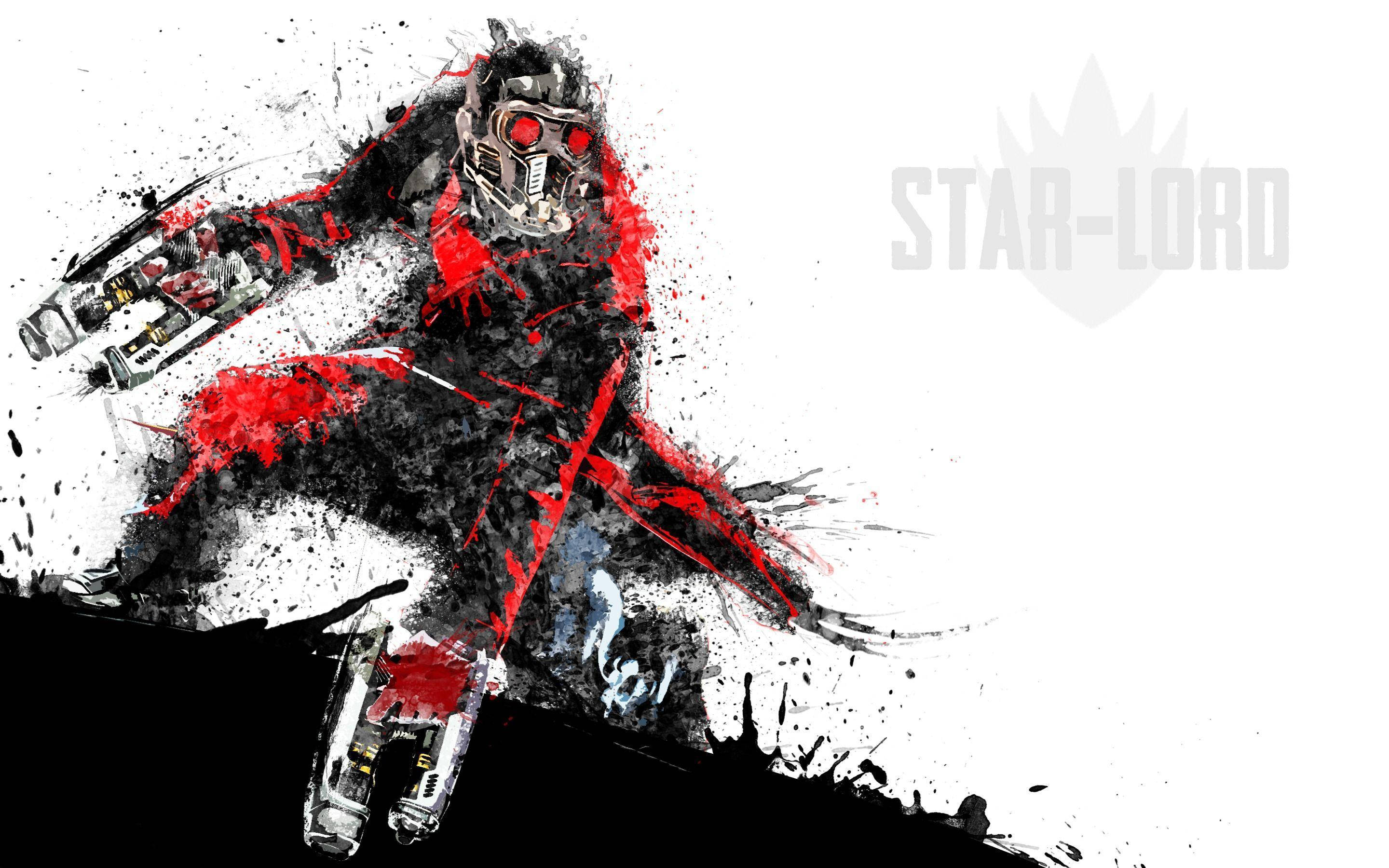 Star-Lord, red glowing eyes, black red paint splatters, 2K Desktop Wallpaper