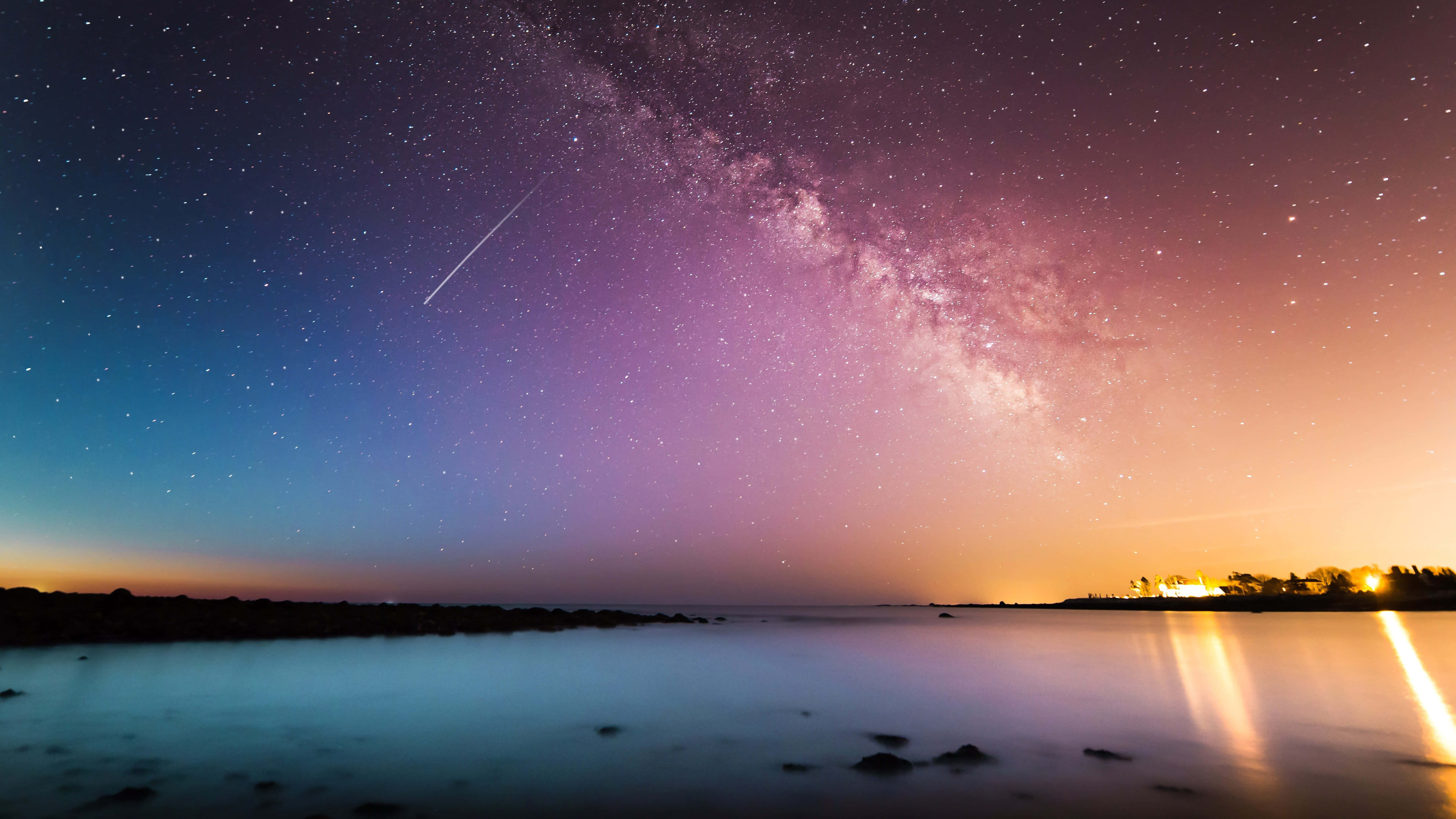 Star Sky, vibrant purple and orange twilight sky, calm reflective lake, 8K Desktop Wallpaper