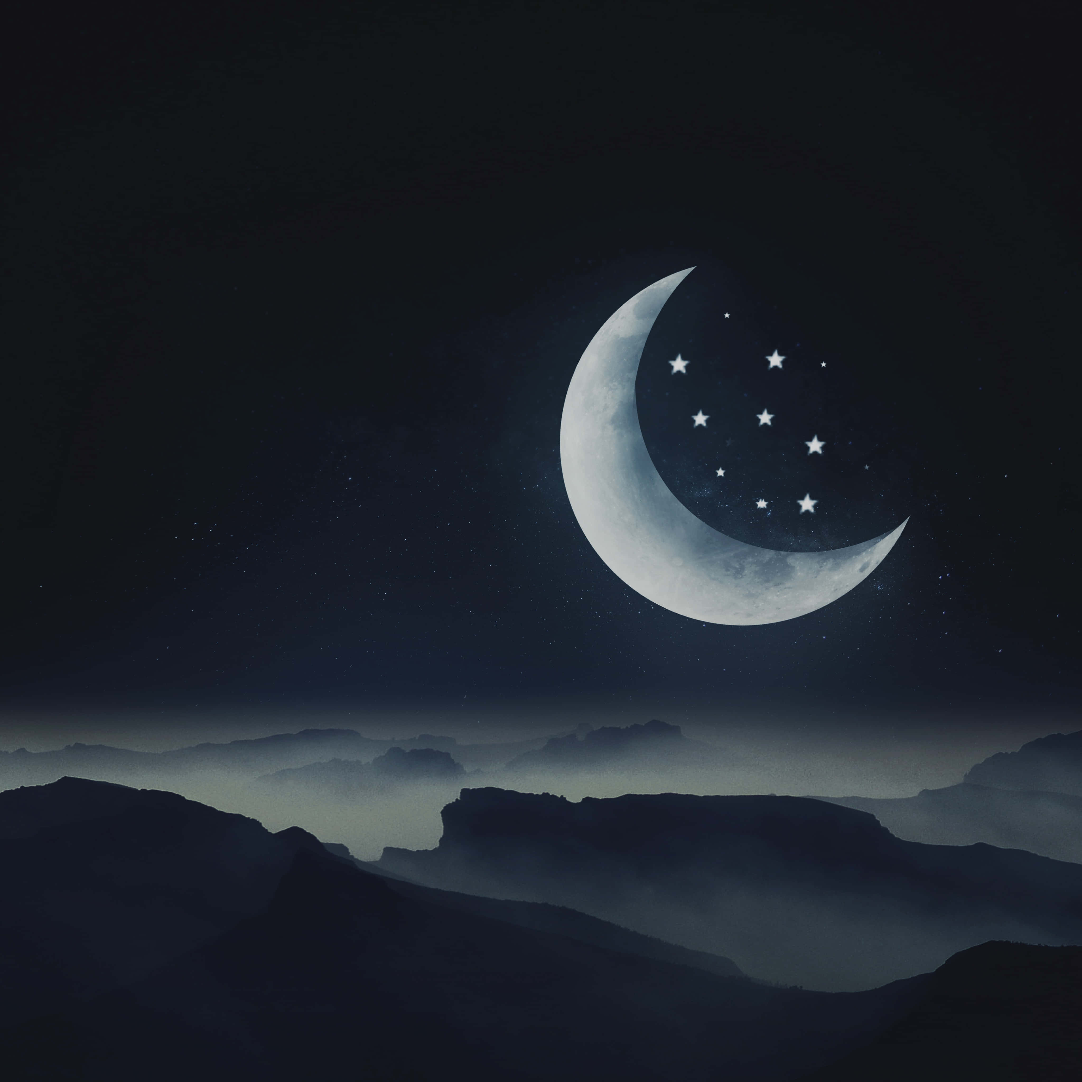 crescent moon, stars, misty mountain peaks, 4K Desktop Wallpaper