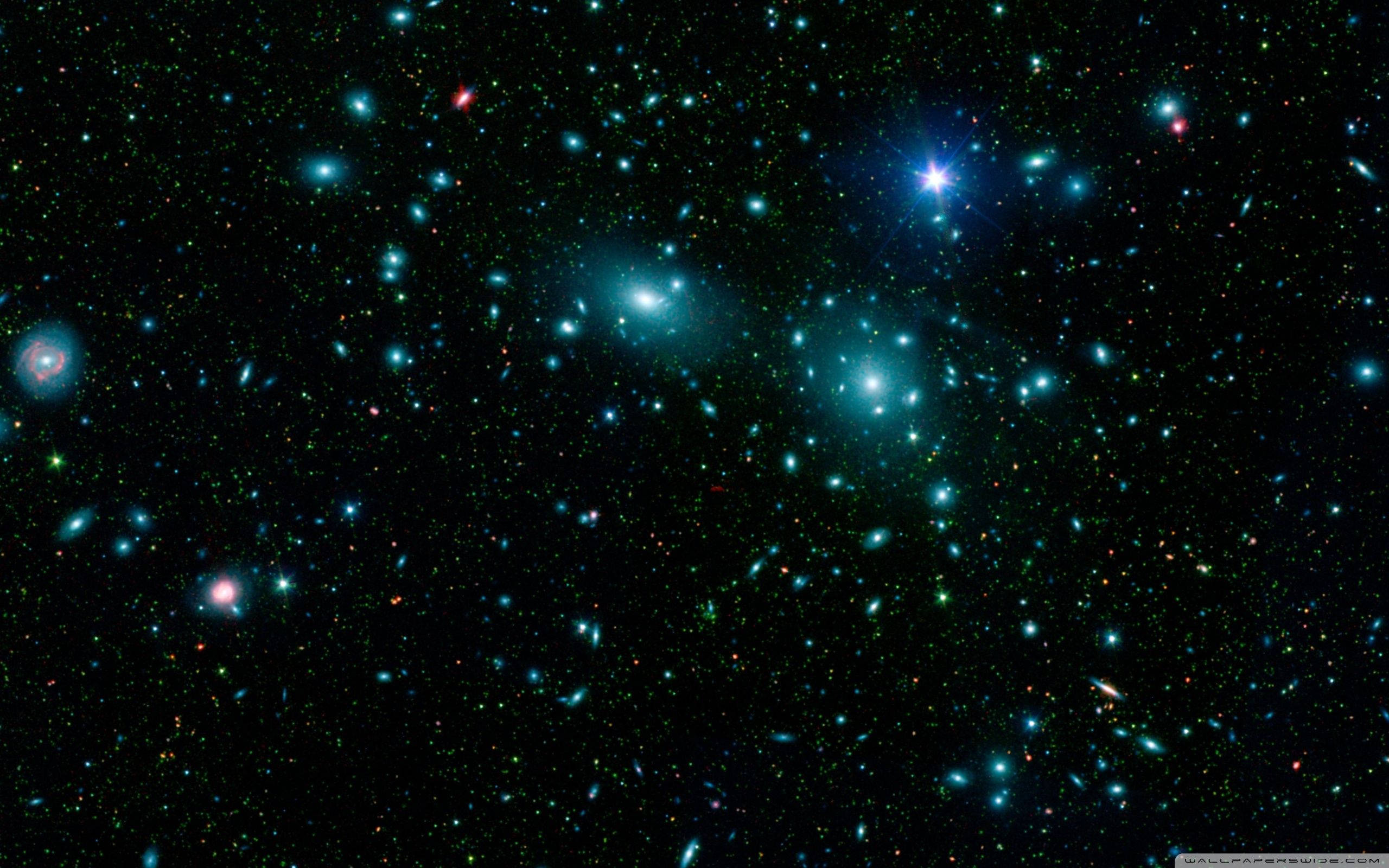 Blue Stars In Space, glowing blue and green stars, galaxies, 2K Desktop Wallpaper