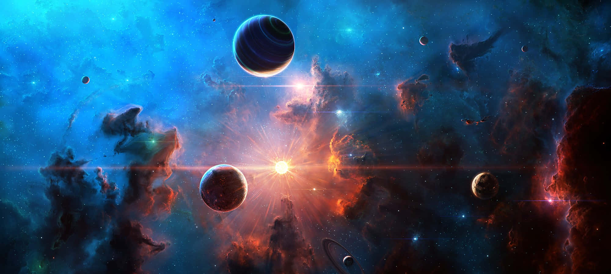 glowing nebulae, planets, radiant starburst, Full HD Desktop Wallpaper