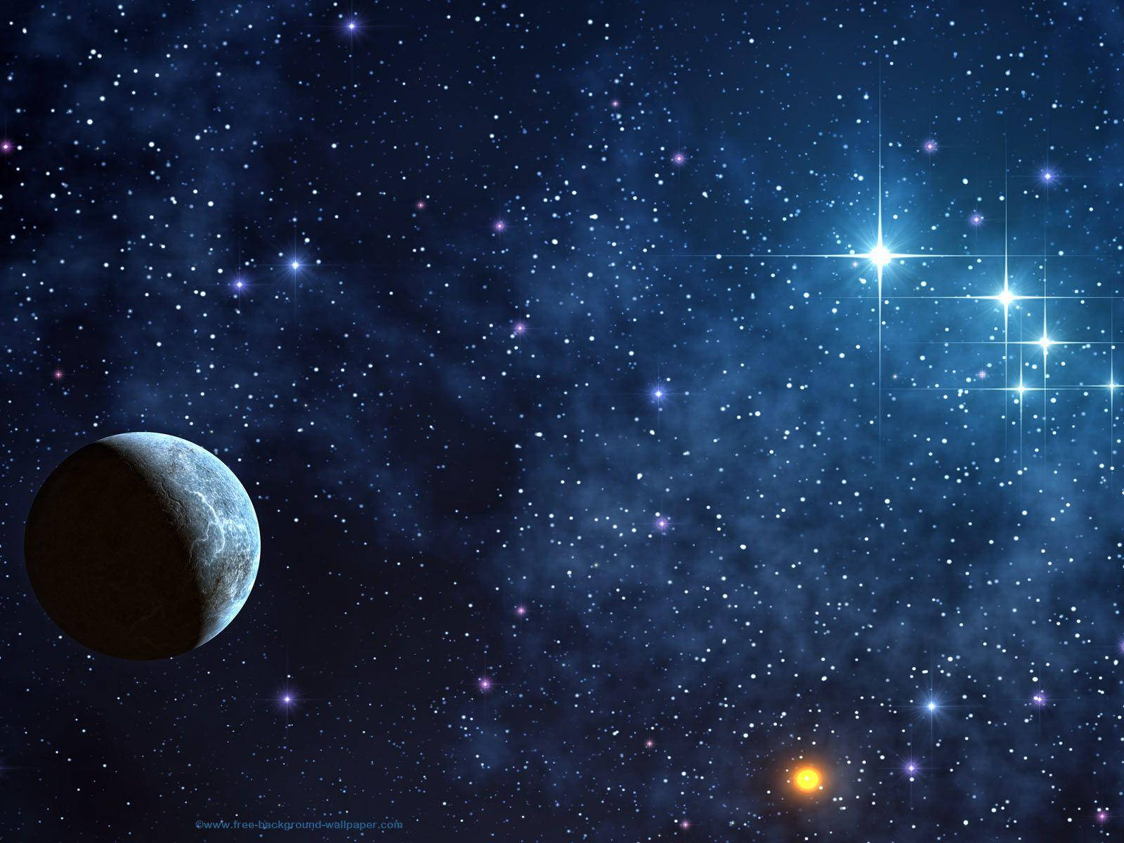 Blue Stars In Space, cratered moon, glowing stars, HD Desktop Wallpaper