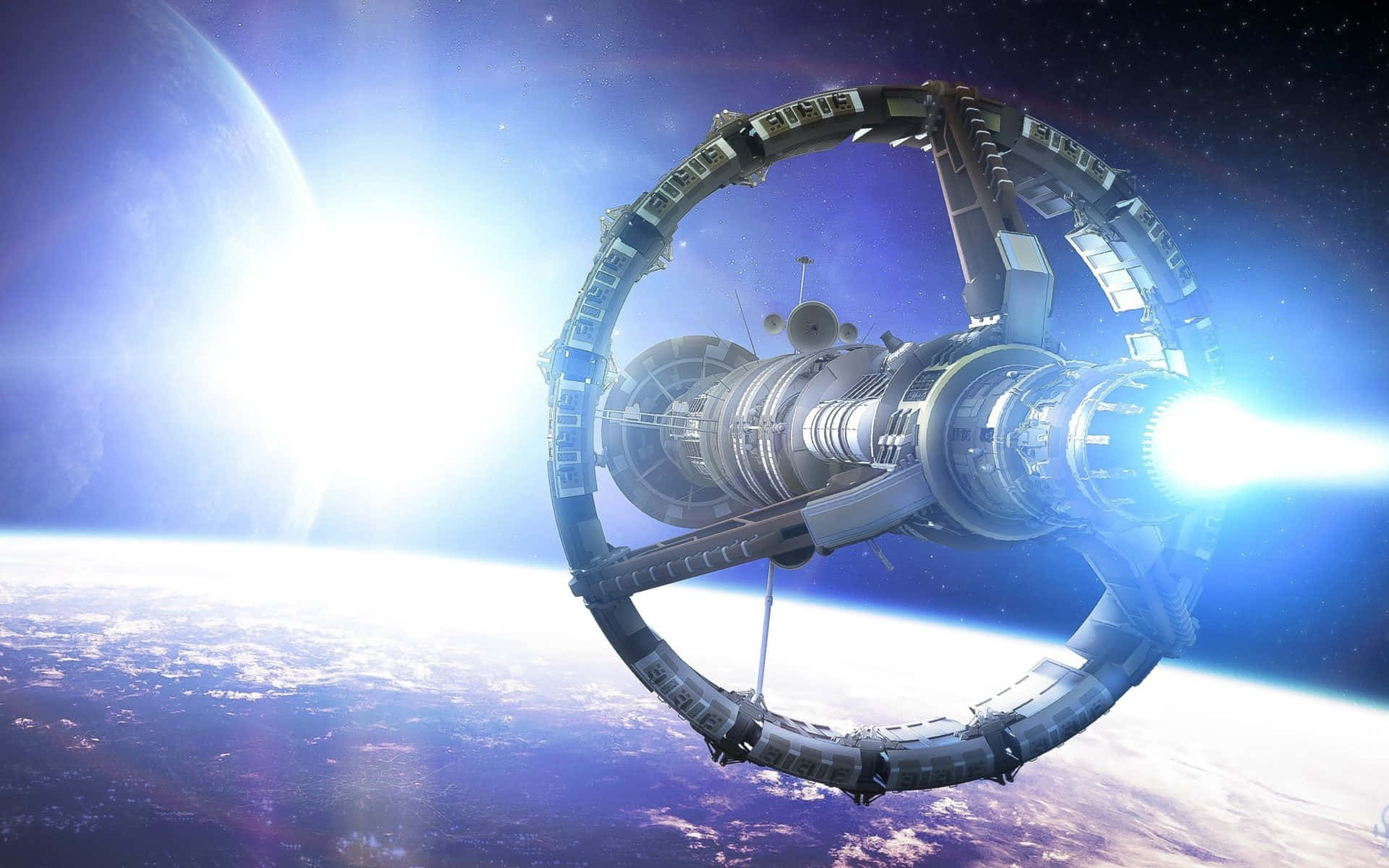 futuristic space station, Earth, bright sun flare, Full HD Desktop Wallpaper