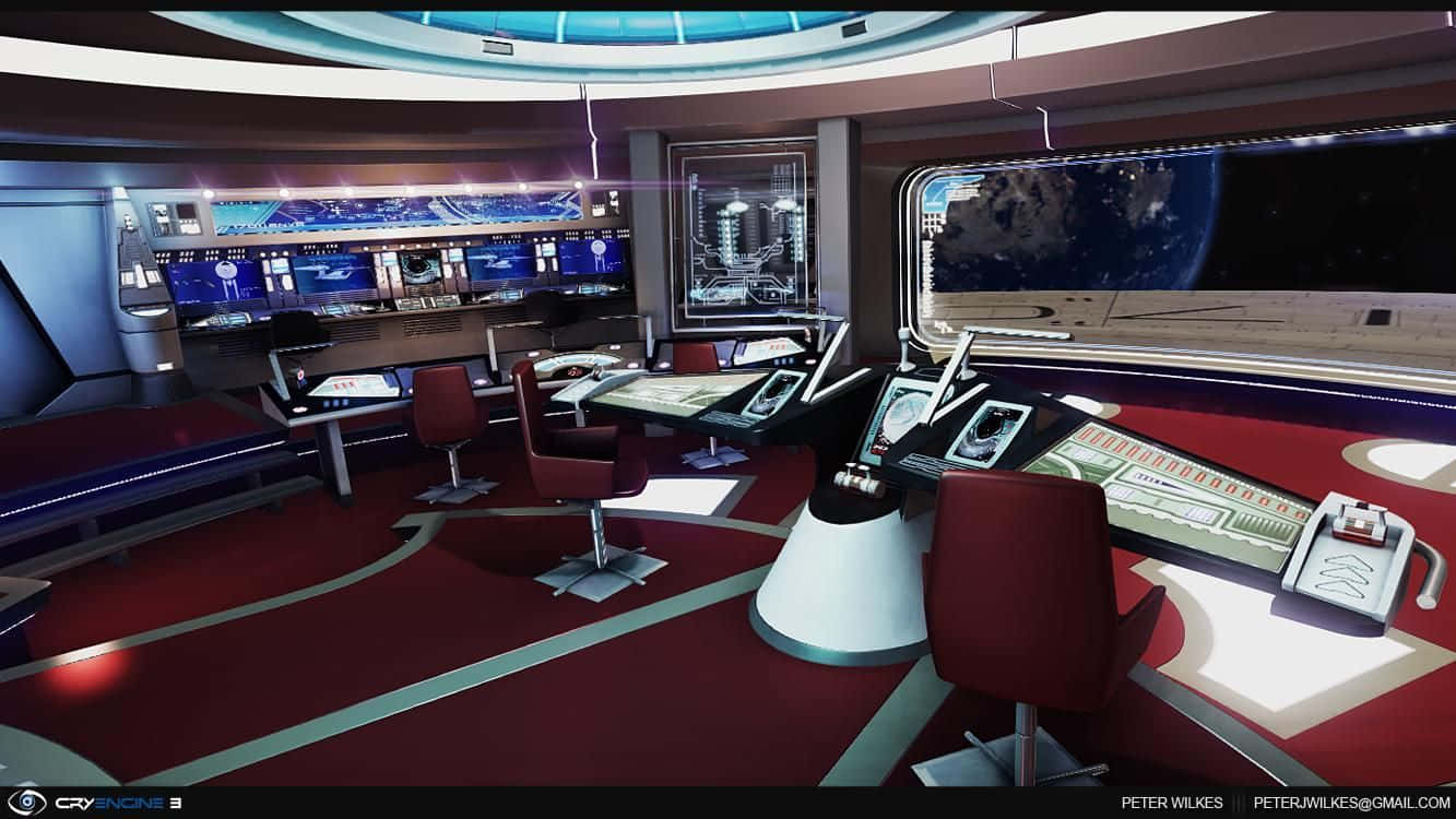Star Trek Enterprise Bridge, red carpeted floors, glowing blue screens, HD Desktop Wallpaper