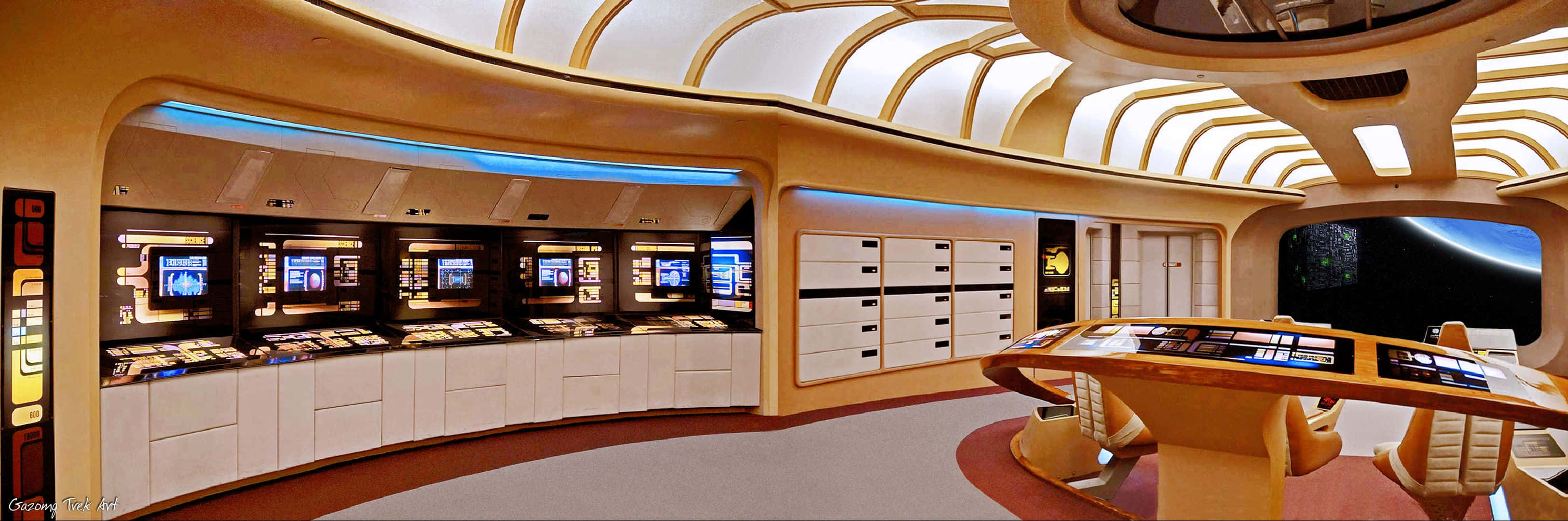 Star Trek Enterprise Bridge, curved golden panels, glowing blue lights, 2K Desktop Wallpaper