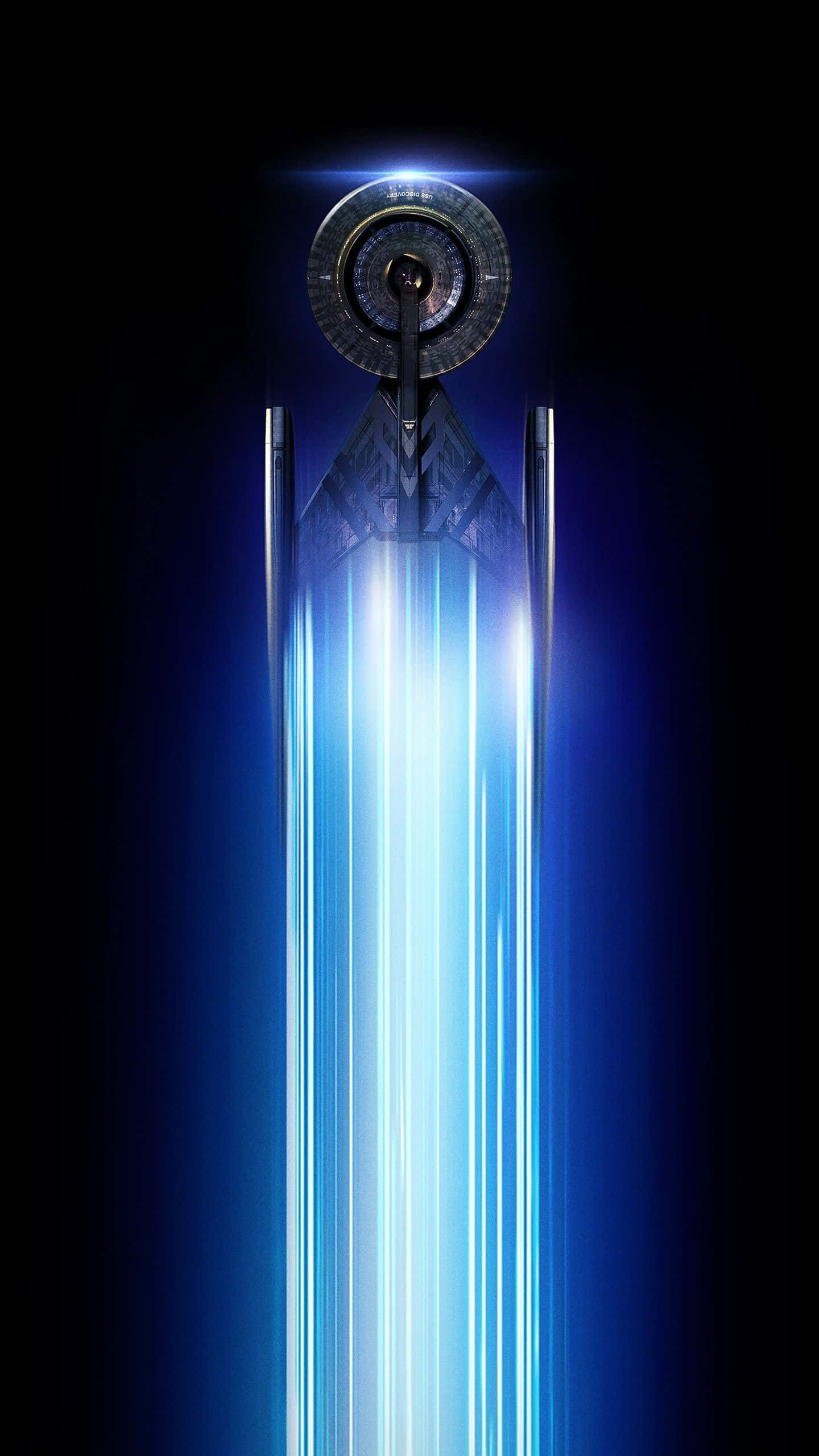 Star Trek Enterprise, glowing blue energy beams, dark cosmic backdrop, 2K Phone Wallpaper