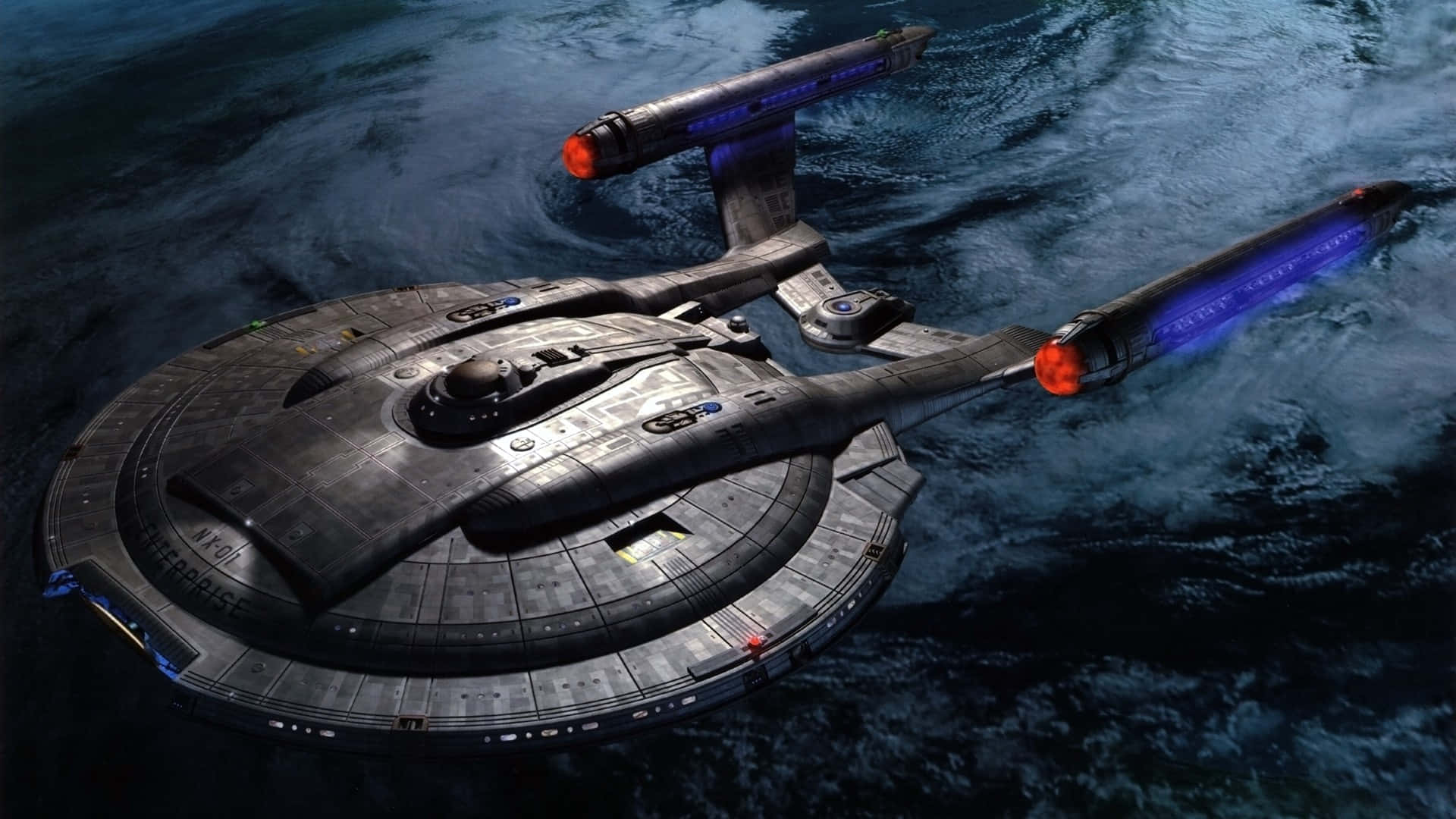 Star Trek: Enterprise, glowing blue engines, dark ocean waves, Full HD Desktop Wallpaper