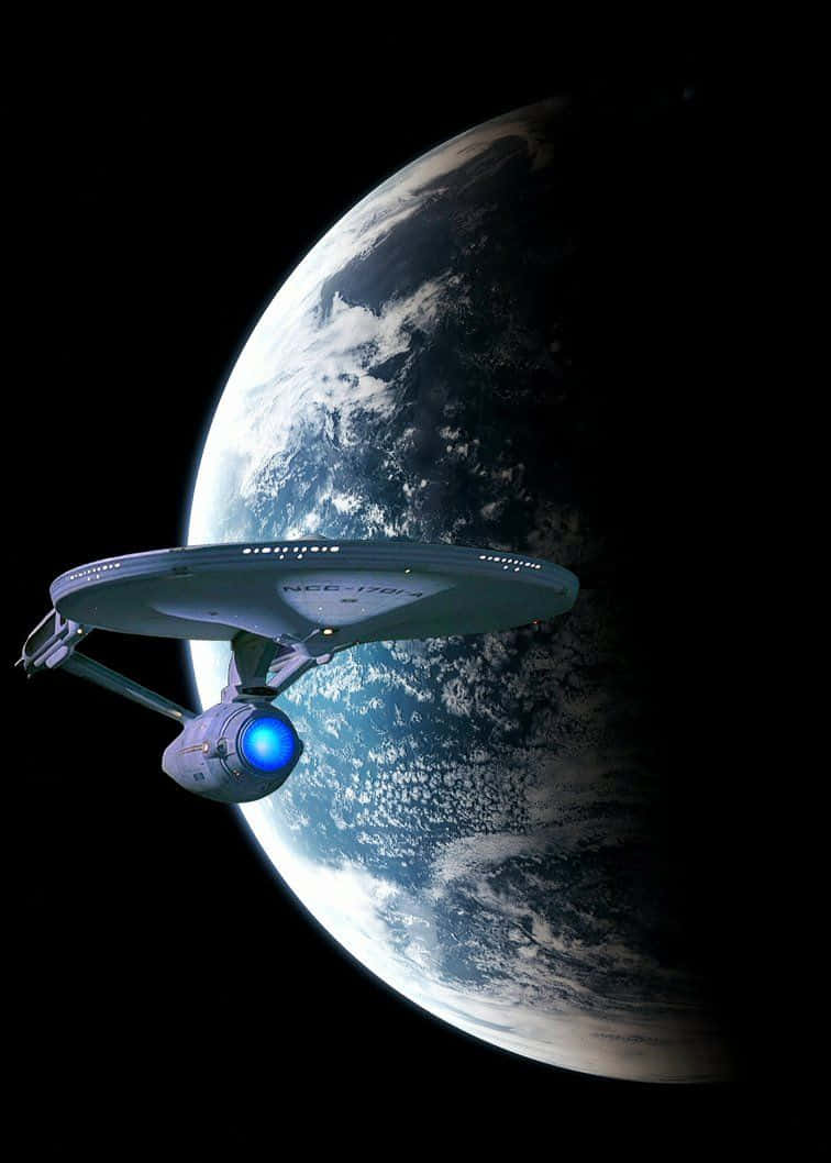 Star Trek Enterprise, blue and white planet, black void of space, SD Phone Wallpaper