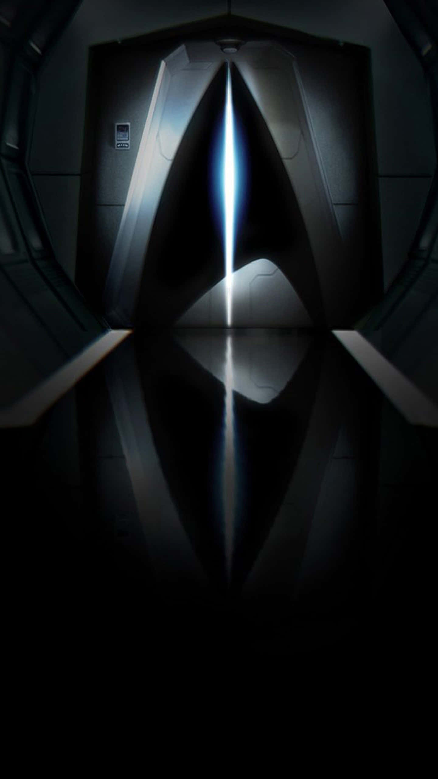 Star Trek, spaceship corridor, glowing blue light beam, 2K Phone Wallpaper